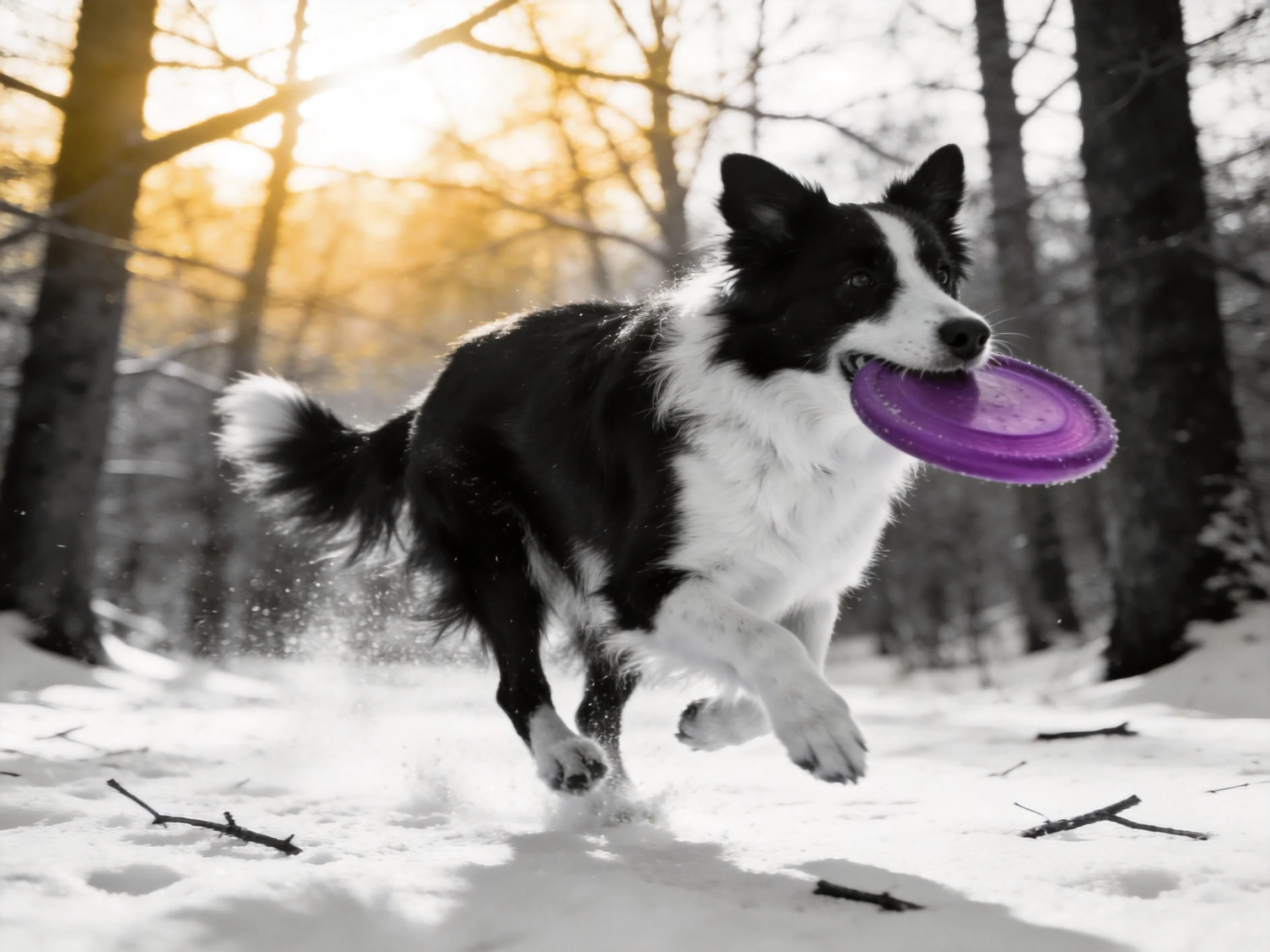 A black-and-white dog carries a purple frisbee through a snowy forest