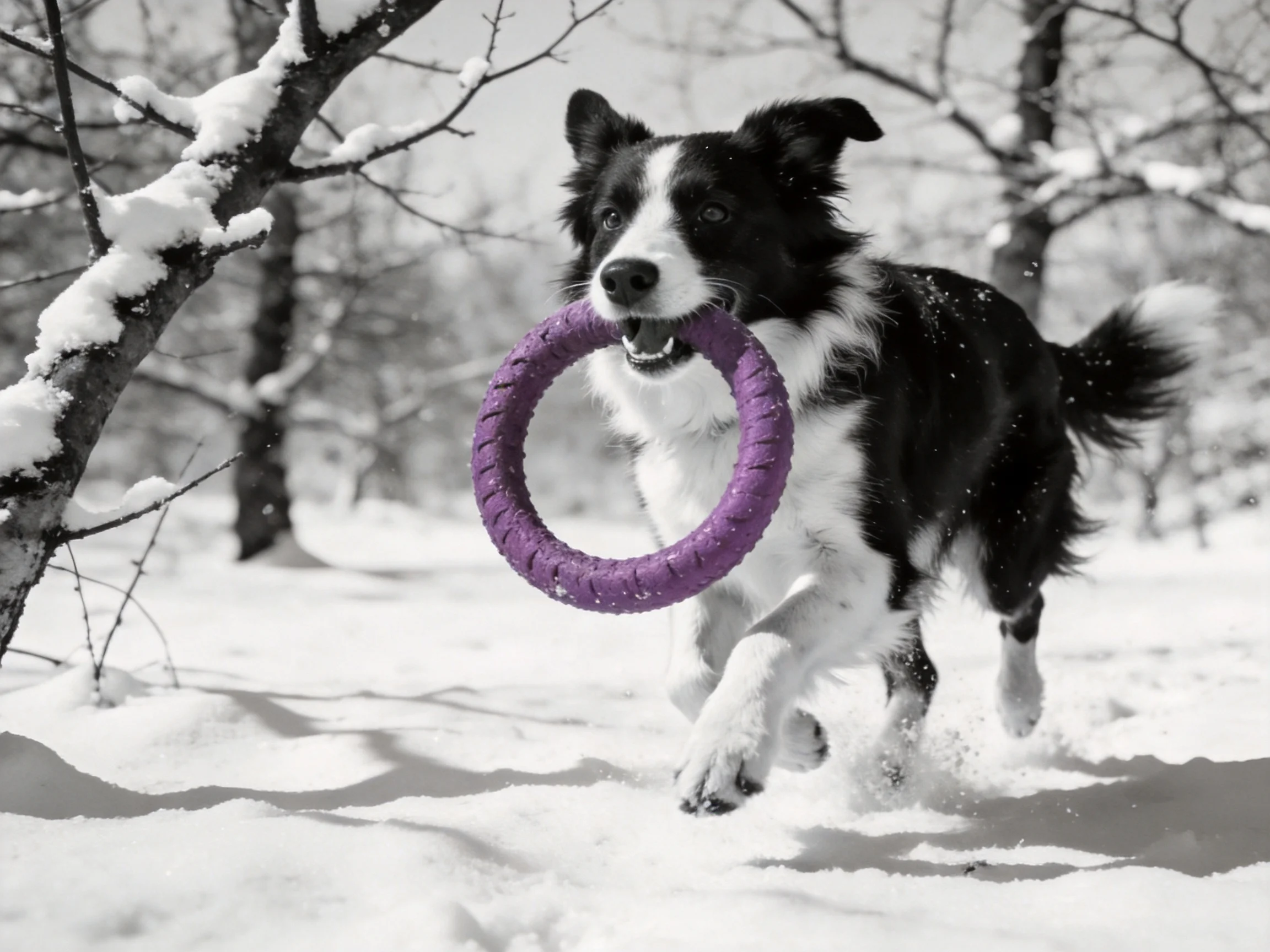 A black and white dog runs through snow holding a purple ring.