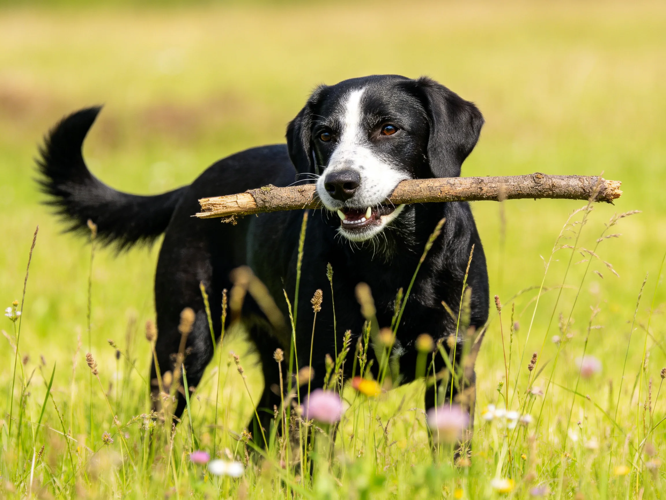 A black and white dog carries a thick wooden stick in a sunny meadow