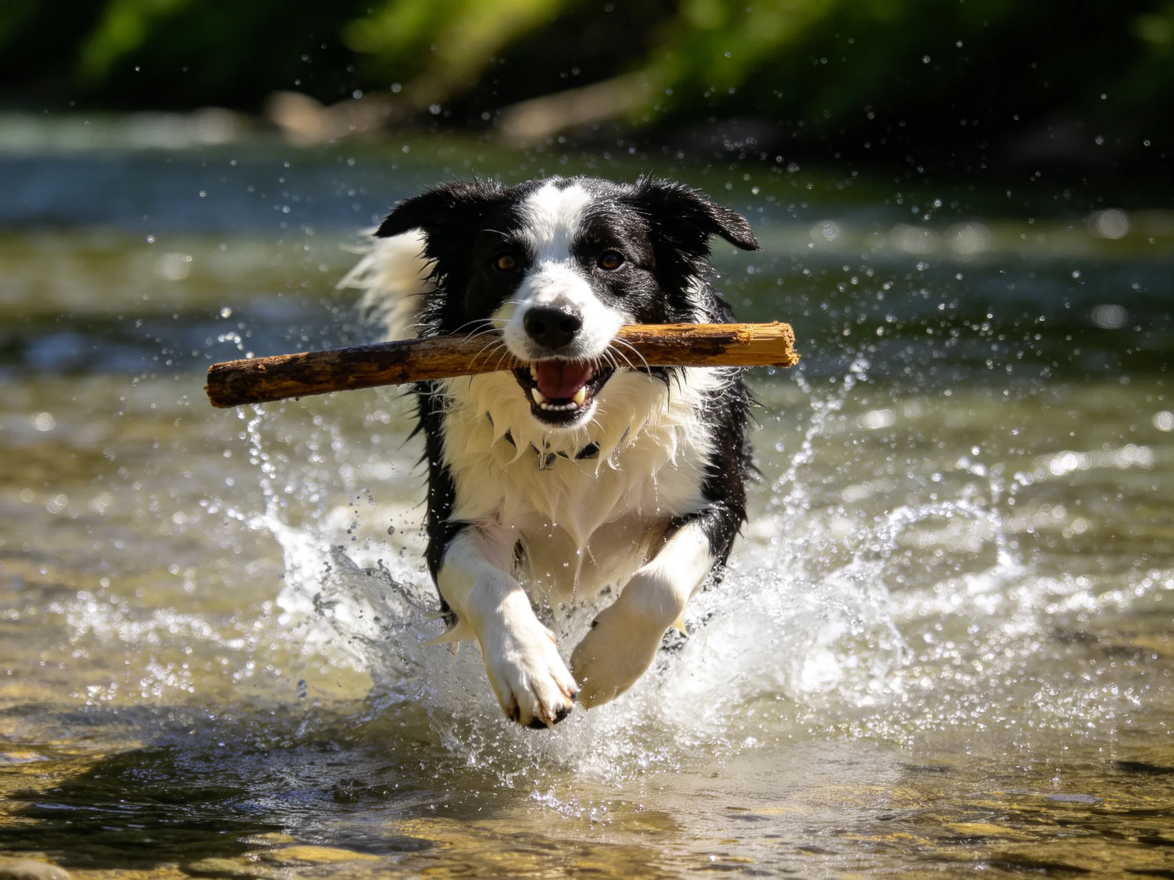 A black-and-white dog carries a wooden stick through splashing river water
