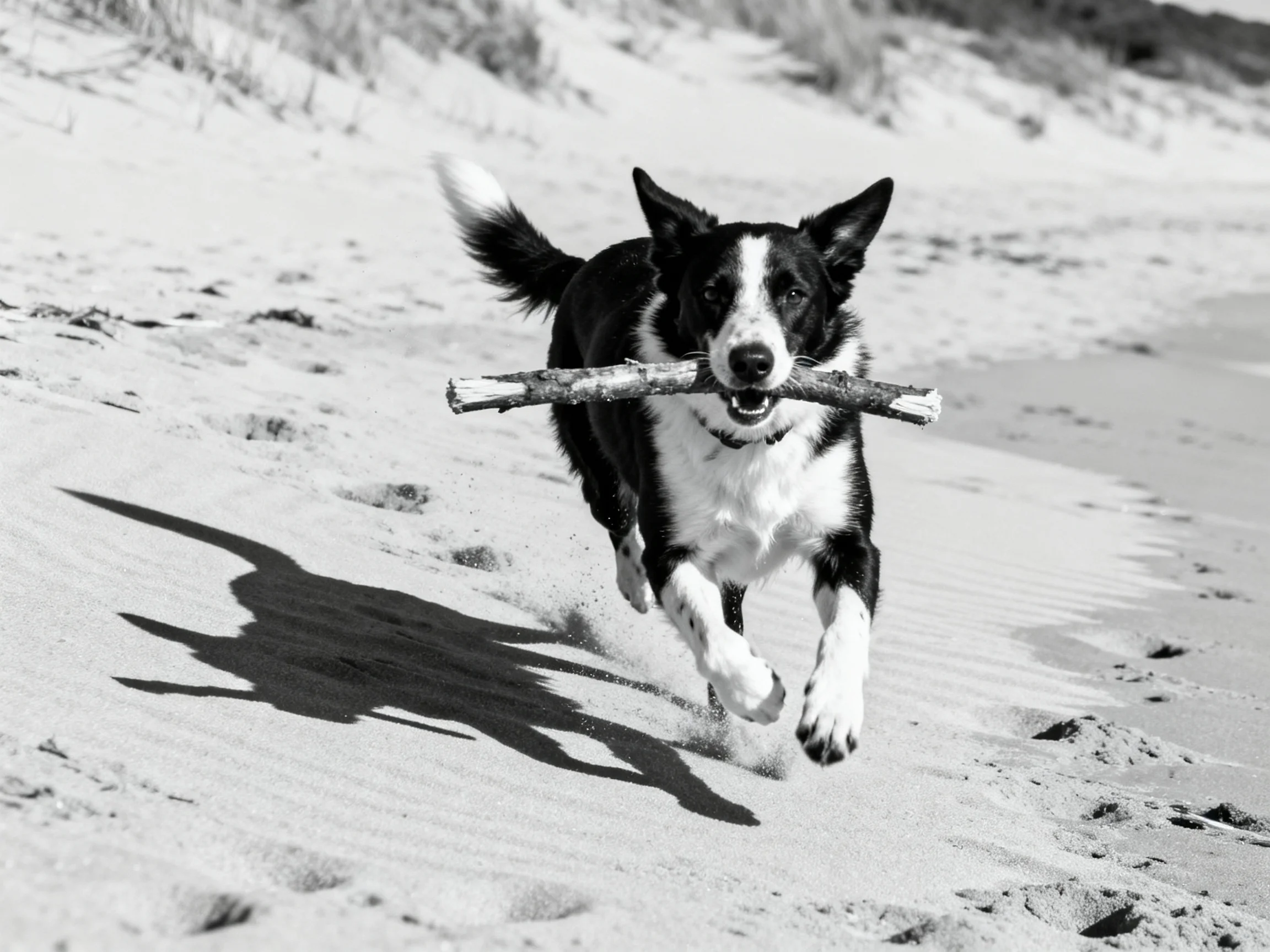 A black-and-white dog carrying a stick runs along a sandy beach