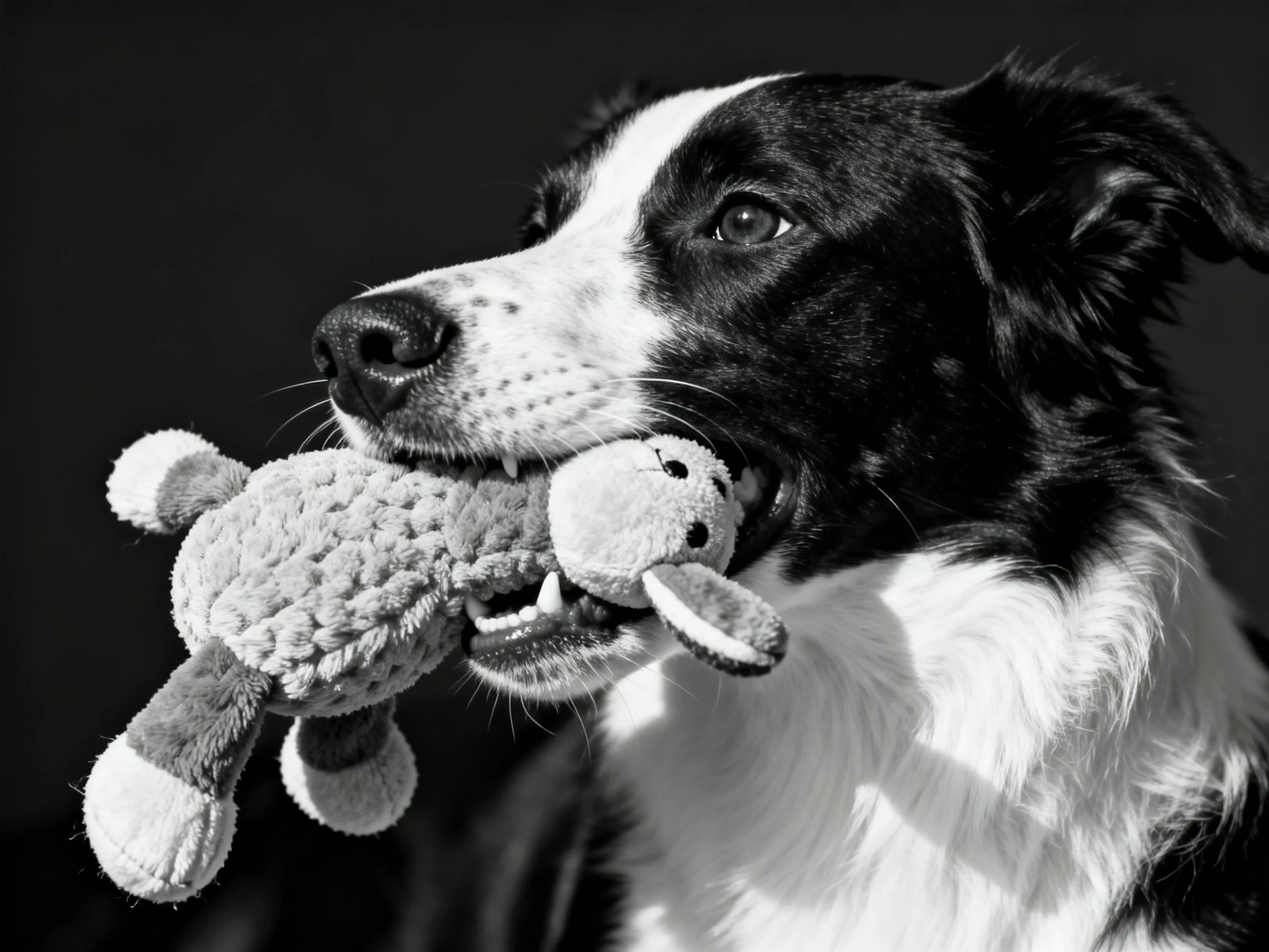A black and white dog carrying two plush toys in its mouth