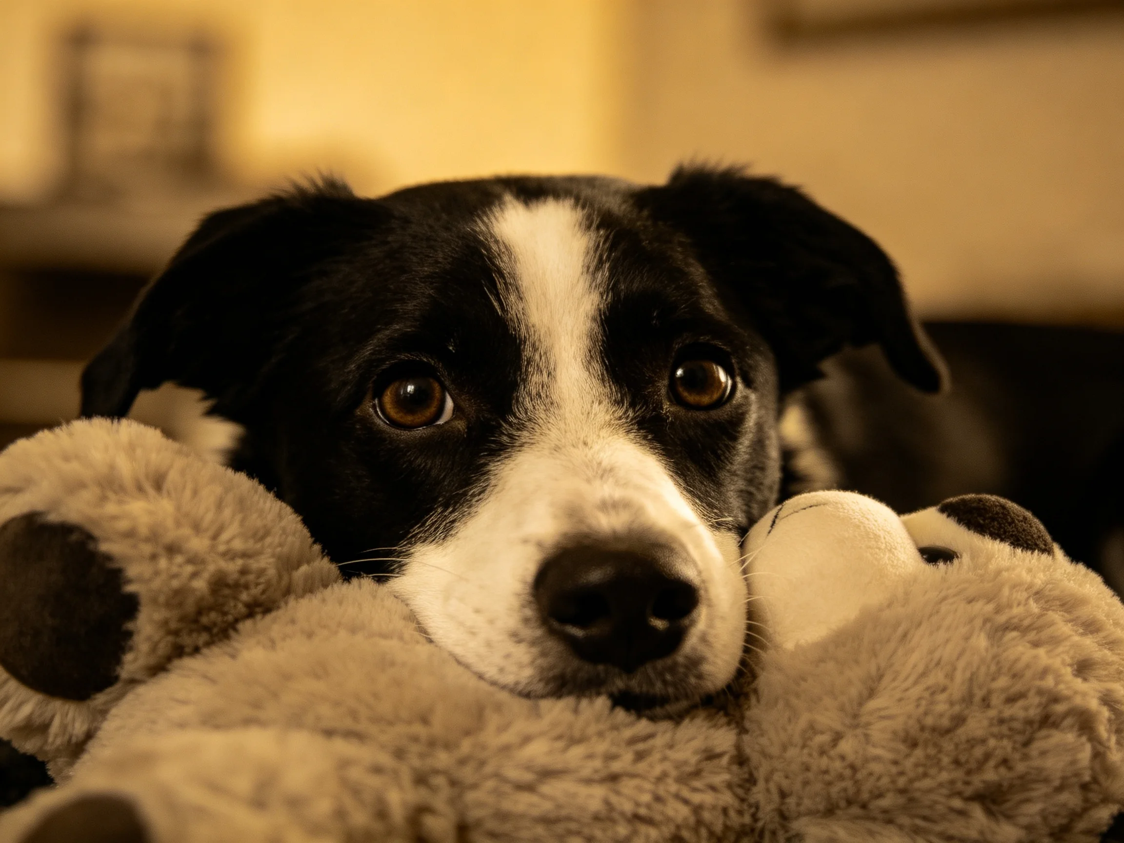 A black and white dog cuddles two beige plush toys indoors
