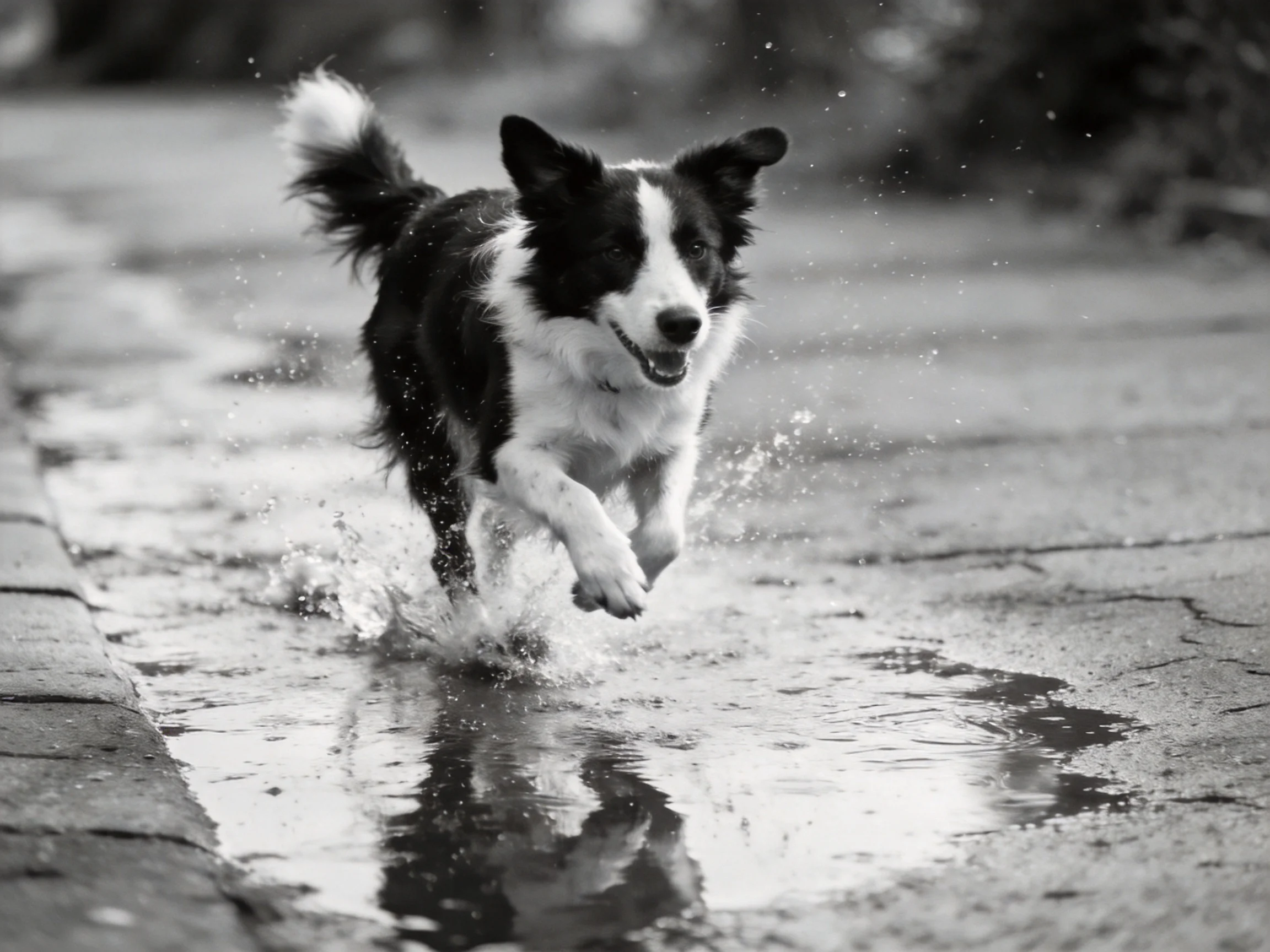 A black and white dog runs through a puddle on a wet street.