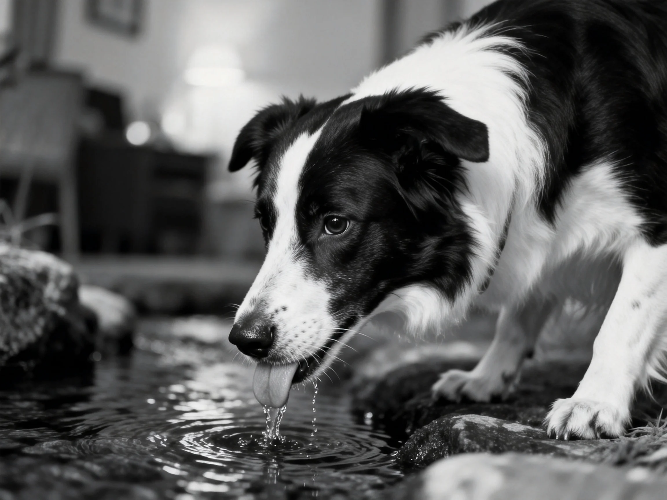 A black and white dog drinks water near rocks in an indoor space.