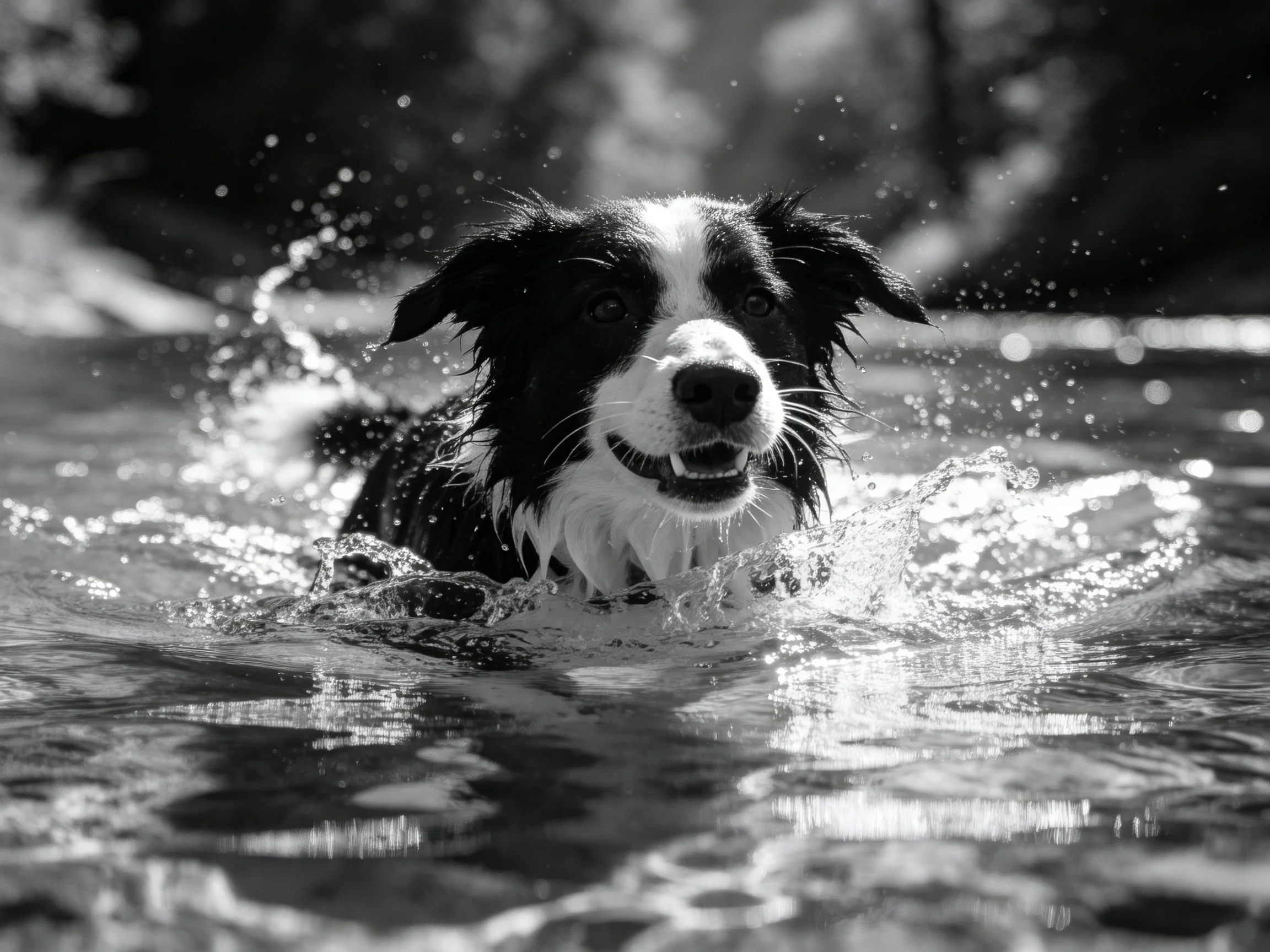 A black and white dog energetically splashing in shallow water