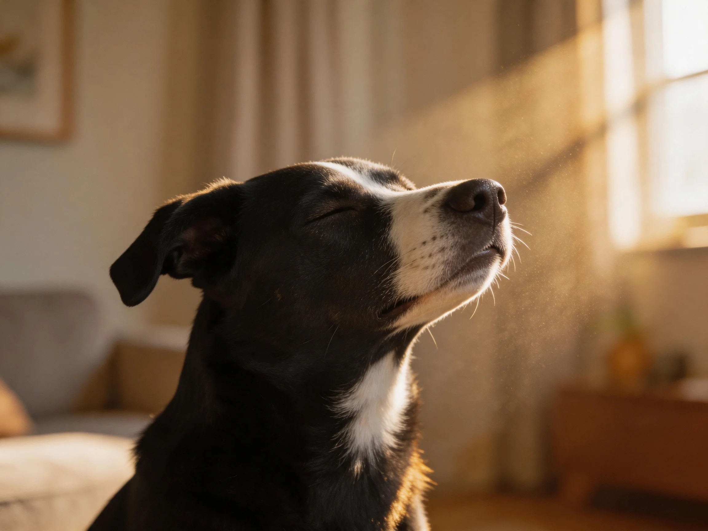 A black and white dog relaxes in sunlight within a cozy living room.
