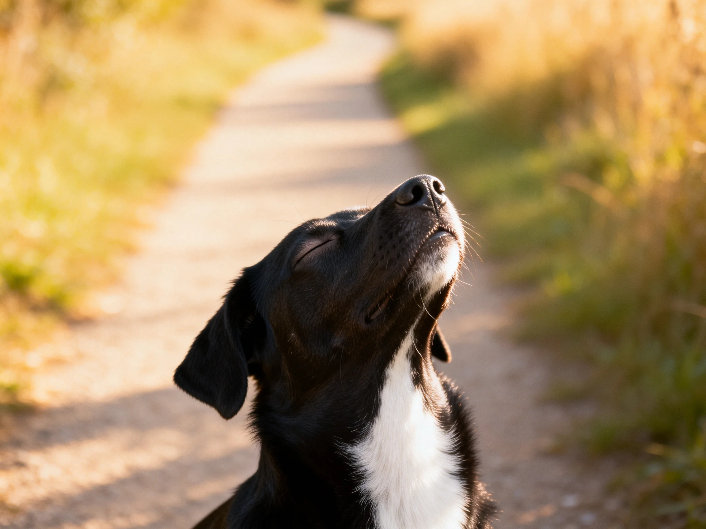 A black and white dog enjoys sunlight on a dirt path