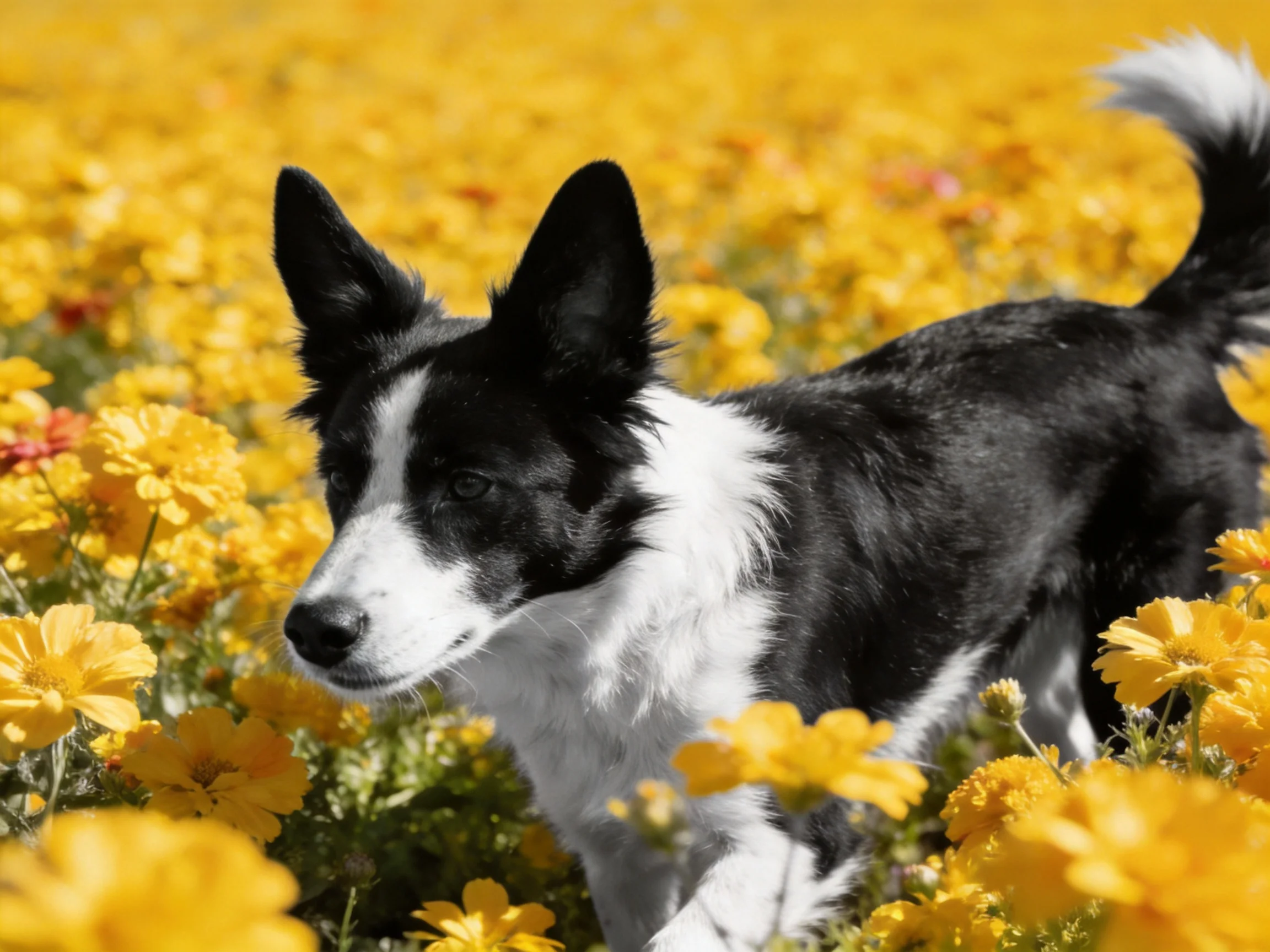 A black-and-white dog moves through a field of yellow flowers.