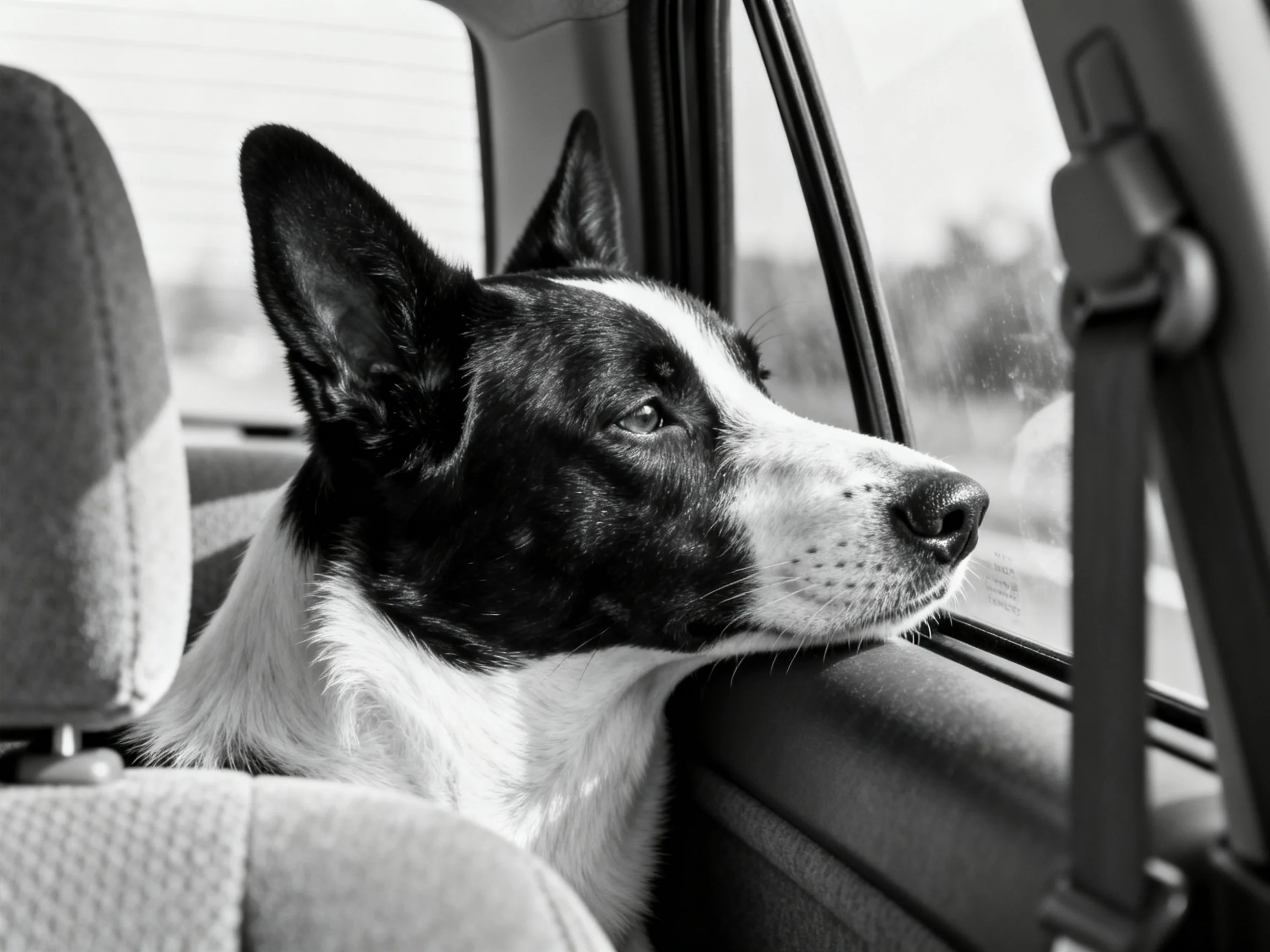 A black and white dog gazes out of a car window from the backseat
