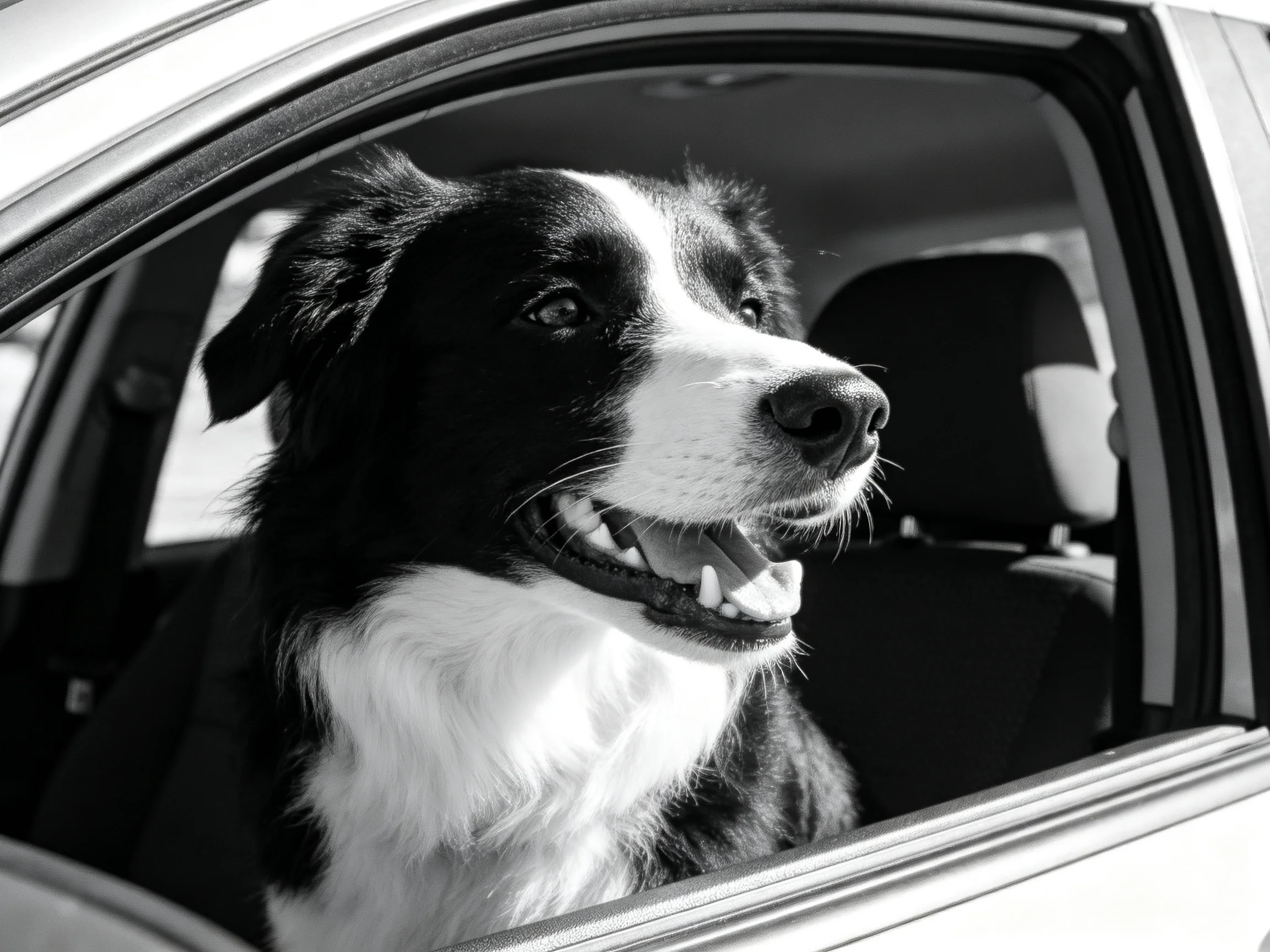 A black and white dog gazes out of an open car window