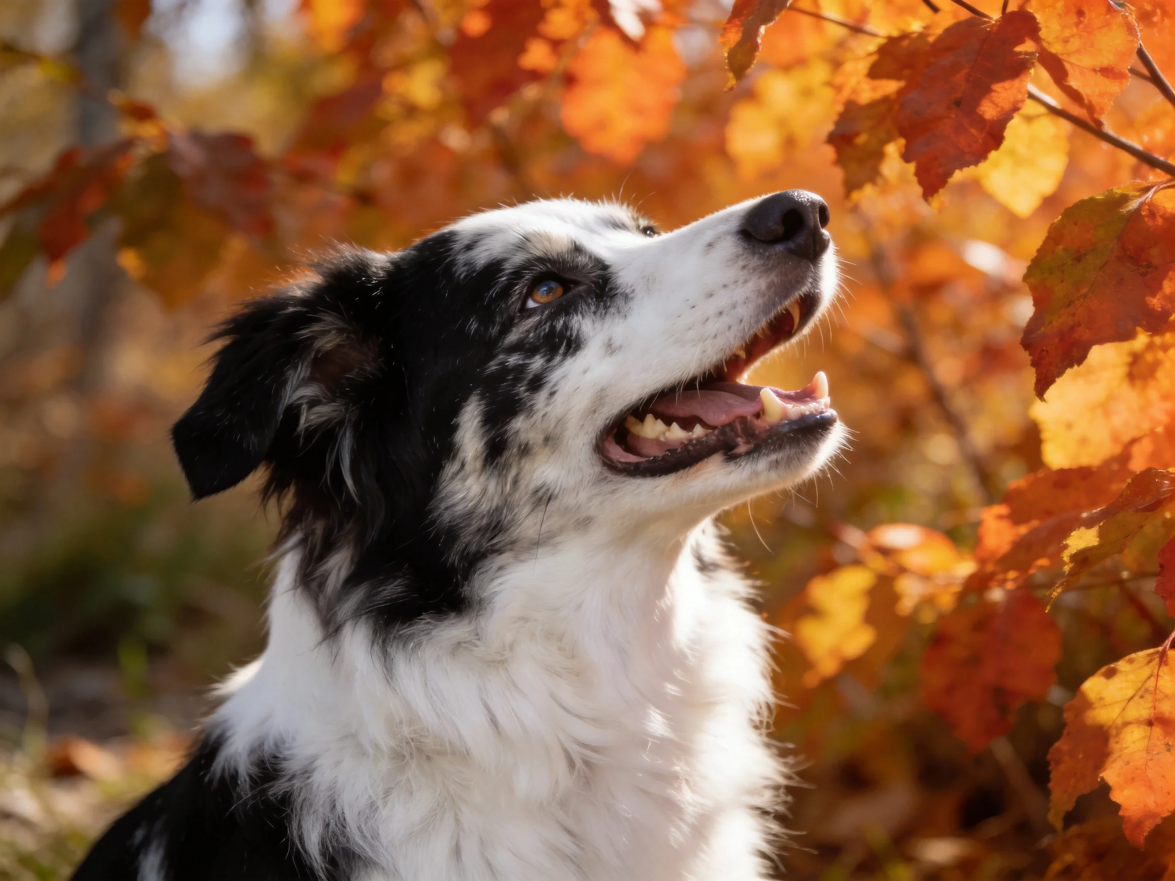 A black-and-white dog gazes upward beside vibrant orange and yellow fall foliage