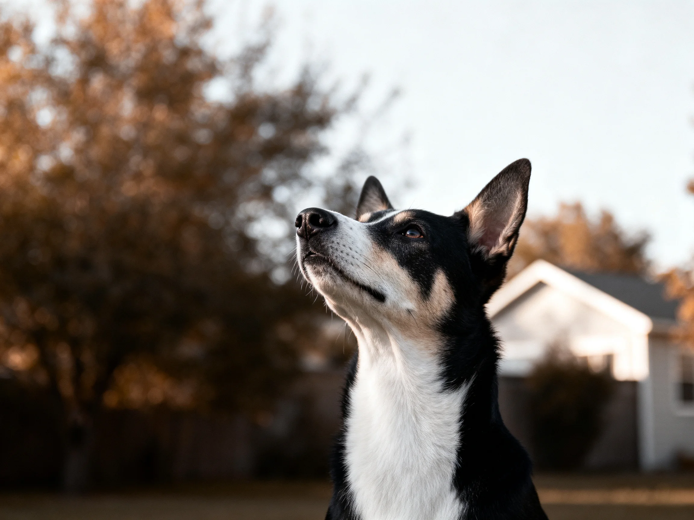 A black and white dog gazes upward near autumnal trees and a house