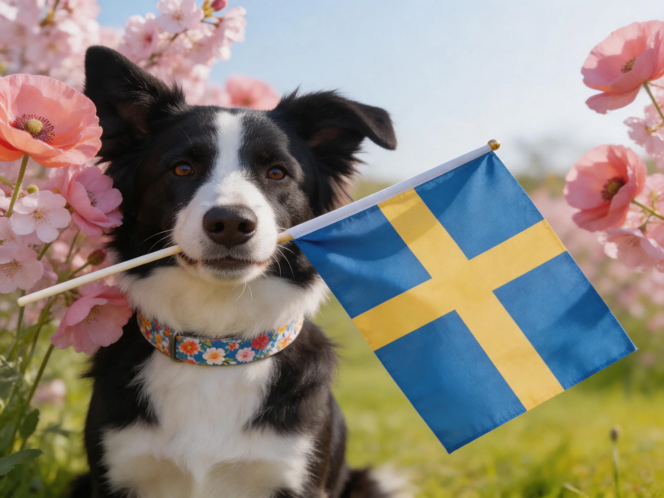 A black and white dog holds a Swedish flag amid blooming pink flowers.
