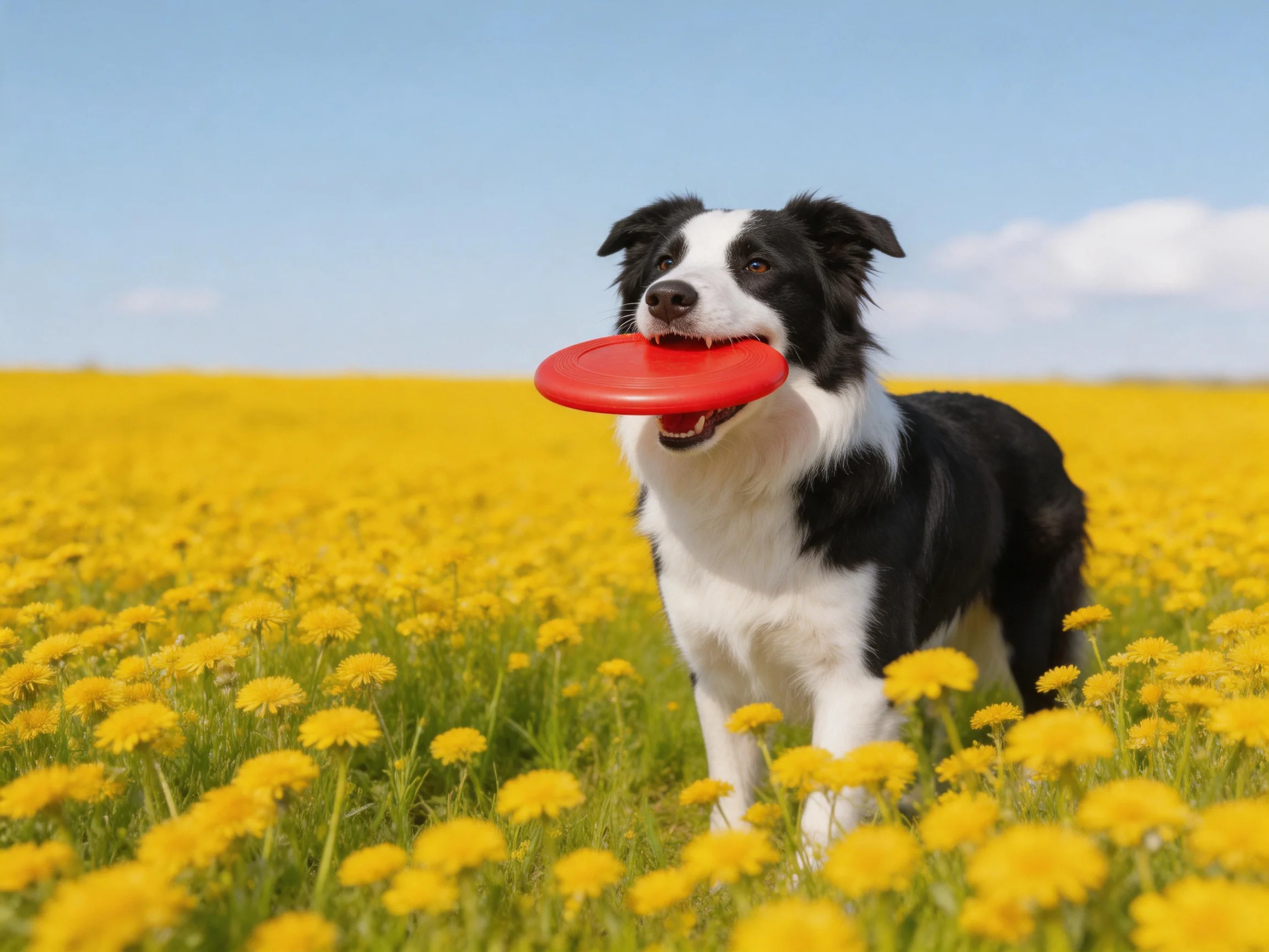 A black-and-white dog carries a red frisbee in a field of yellow flowers.