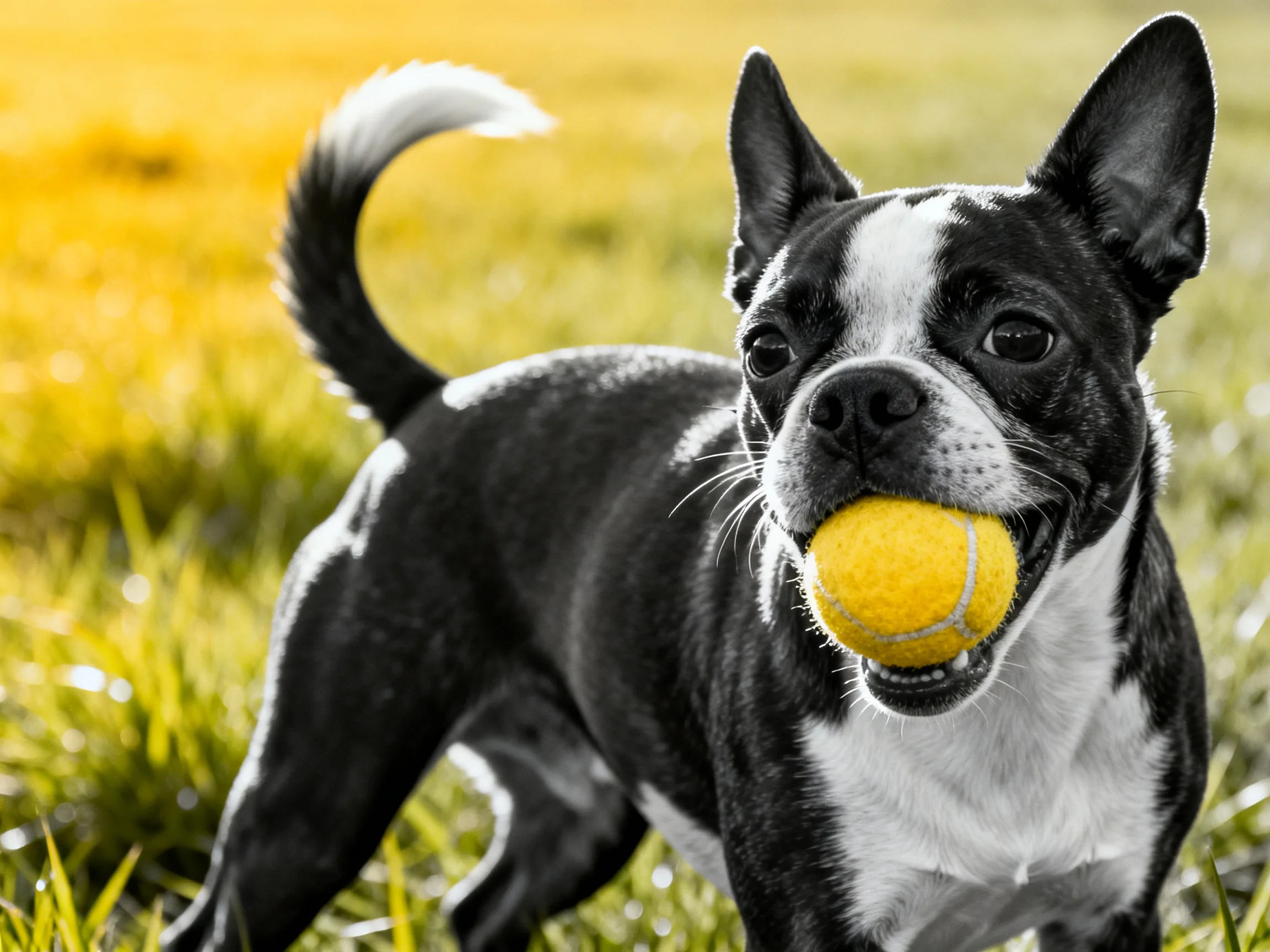 A black and white dog holds a yellow tennis ball in a grassy field