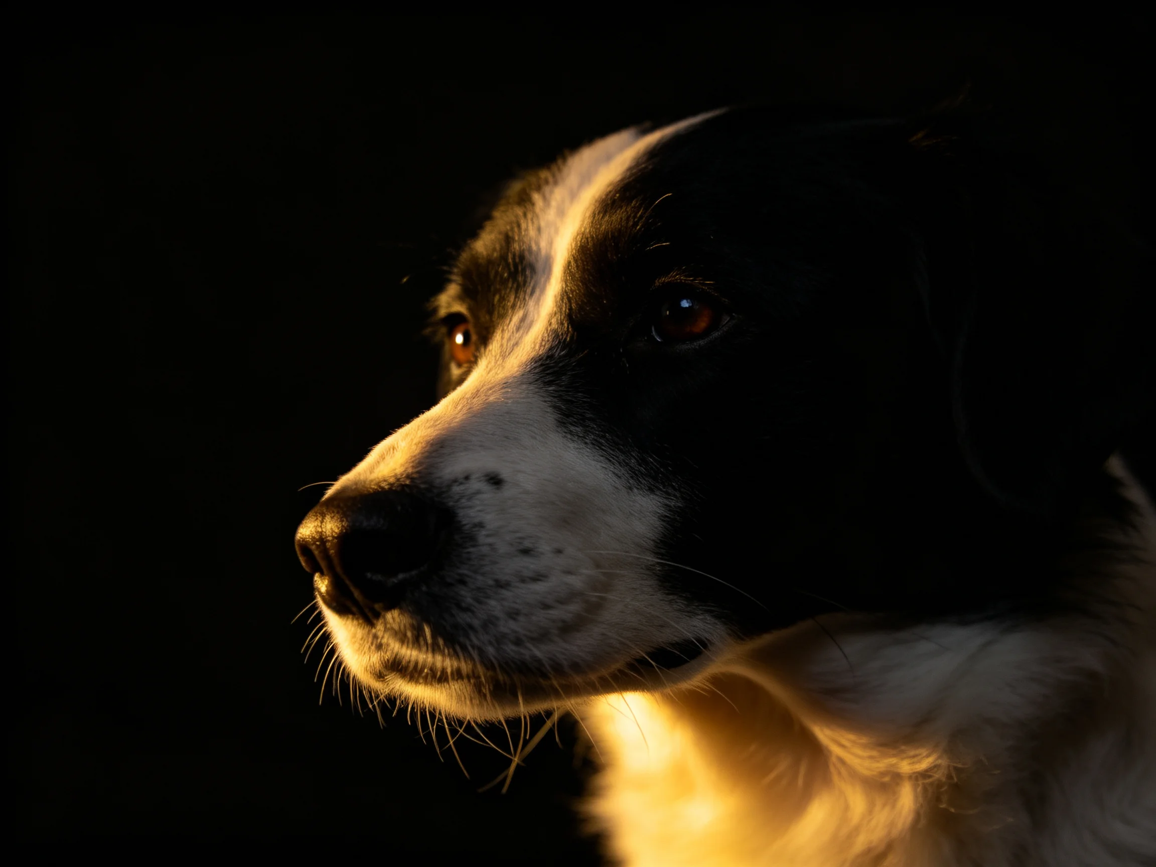 A black and white dog is highlighted by focused lighting against a dark backdrop.