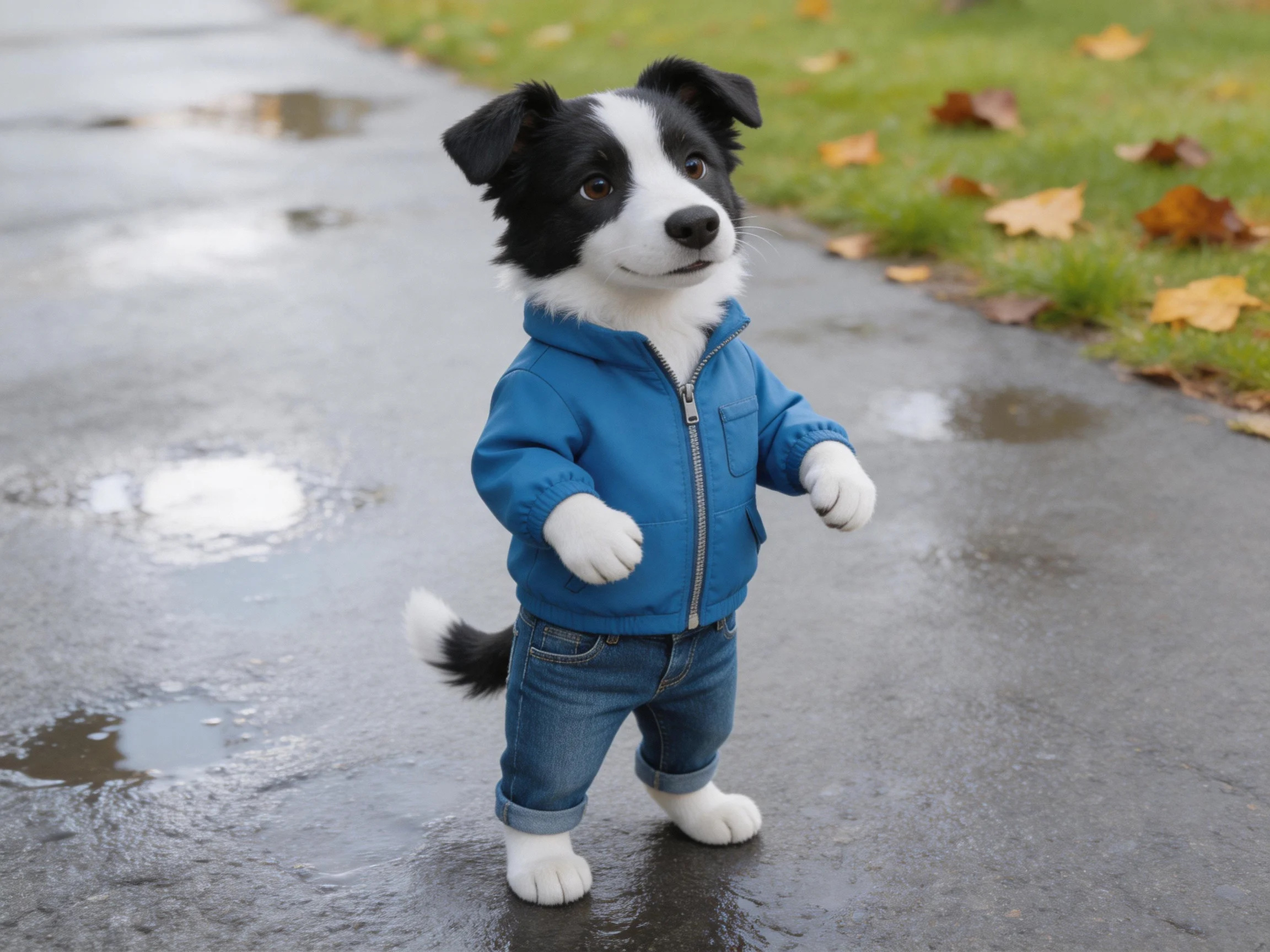 A black-and-white dog in clothes stands on a wet pavement.