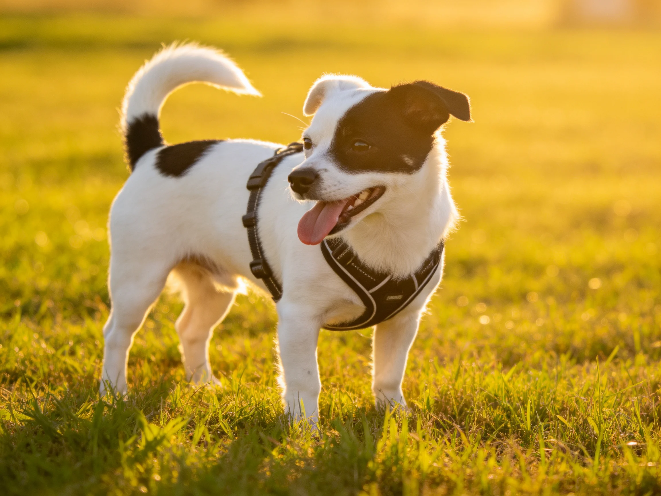 A black-and-white dog in a harness on sunlit grass