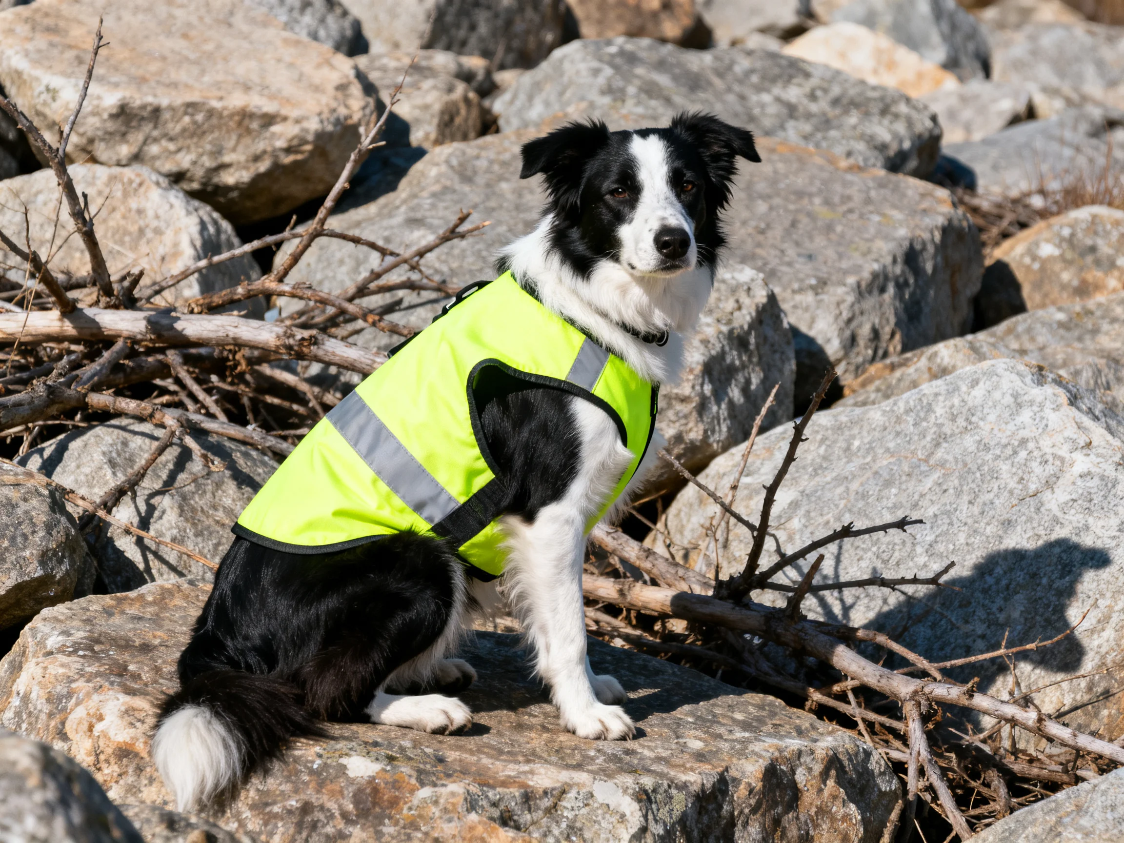 A black and white dog in a neon yellow safety vest sits among large gray rocks