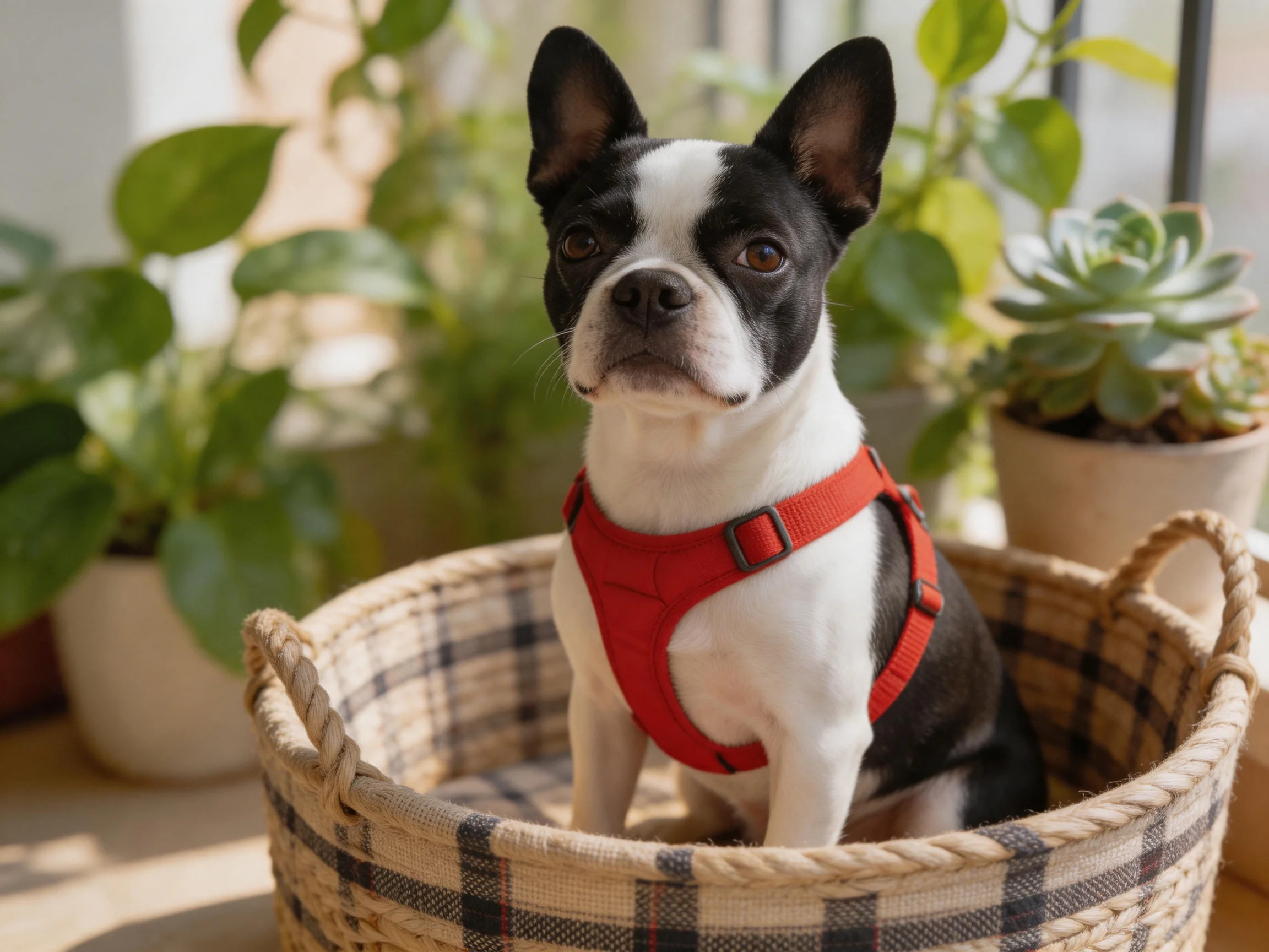A black-and-white dog in a plaid basket near potted plants