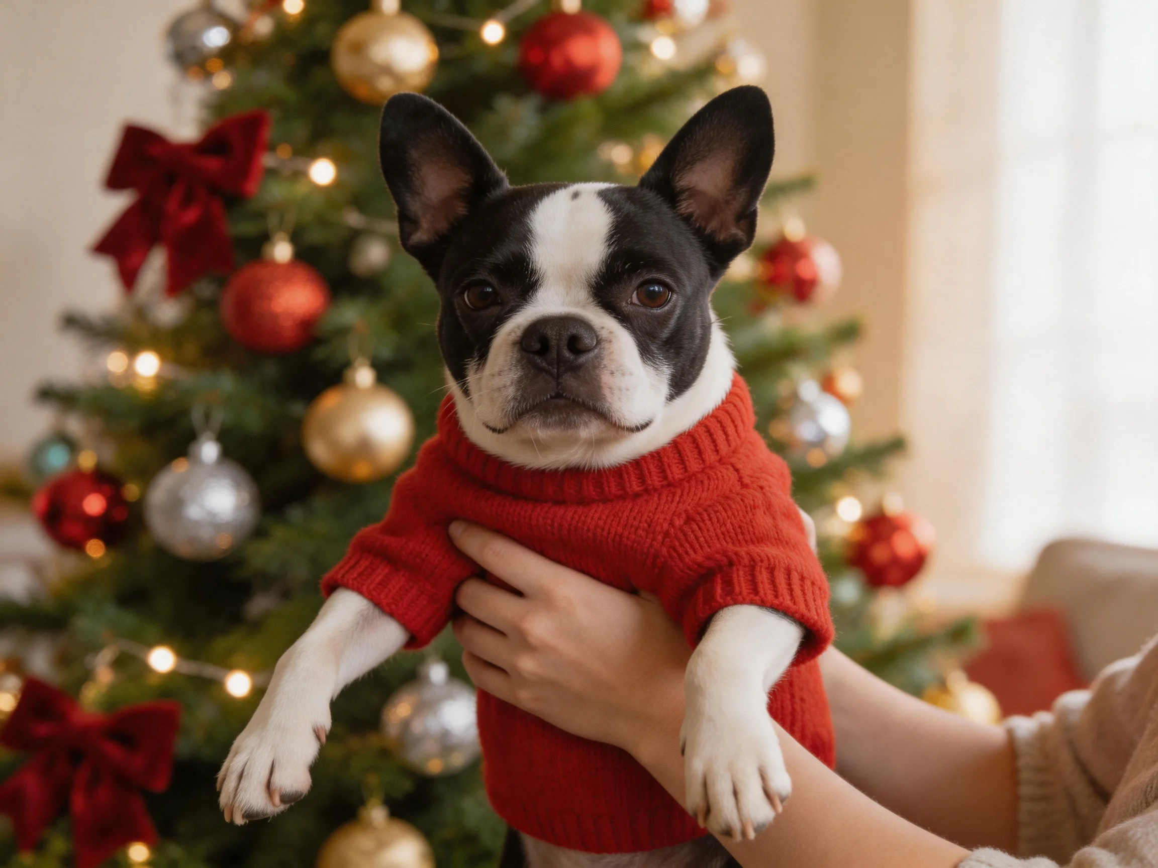 A black-and-white dog in a red sweater near a decorated Christmas tree