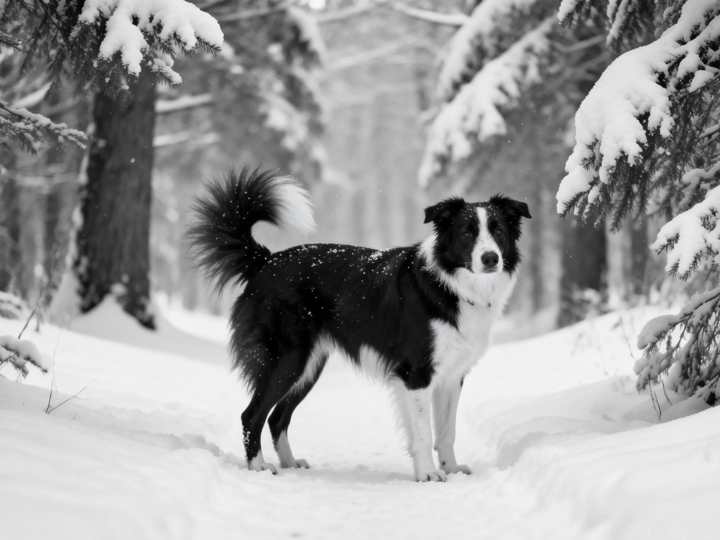 A black and white dog stands on a snowy forest path