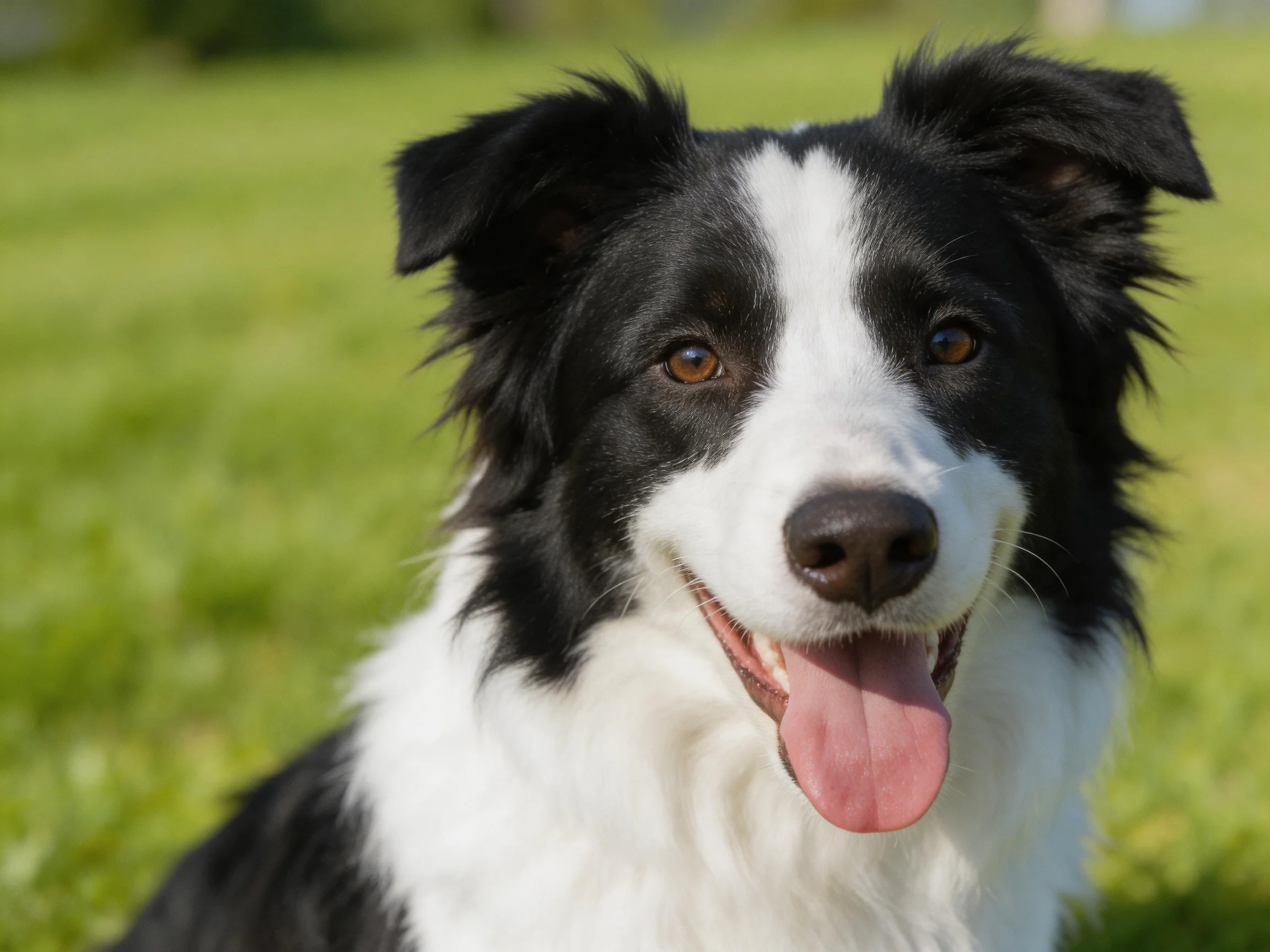A black and white dog relaxes in a sunlit grassy area.