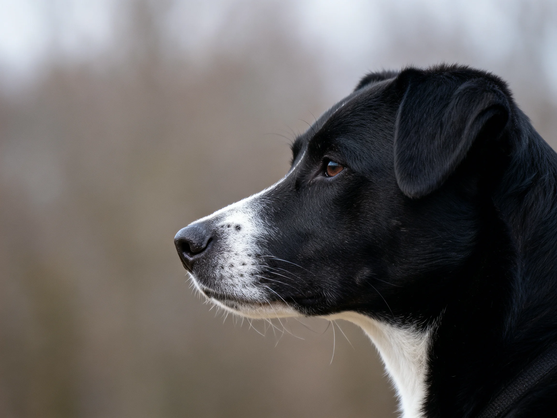 A black and white dog in profile gazes toward a blurred natural backdrop