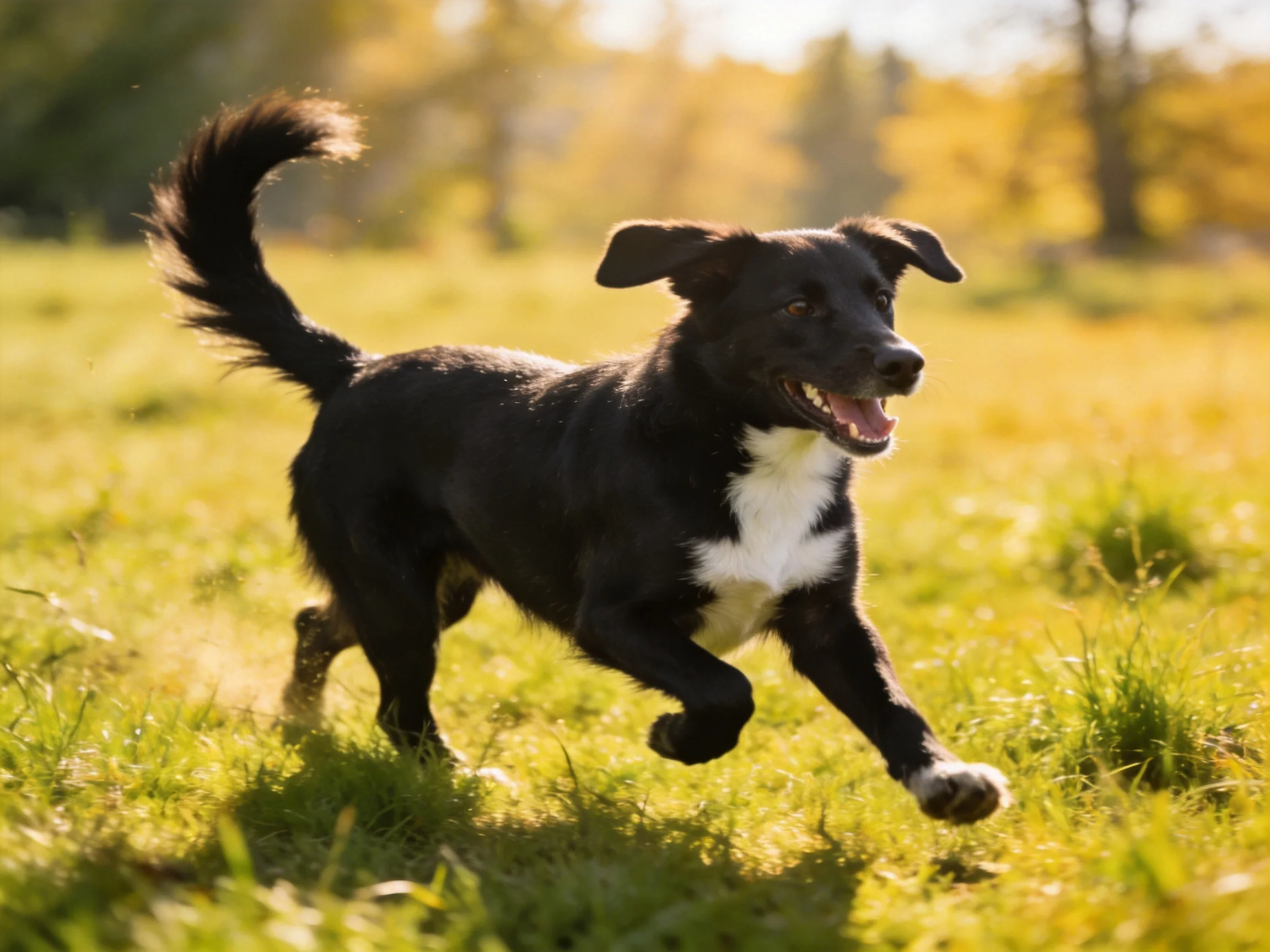 A black and white dog runs joyfully across a sunlit grassy field.