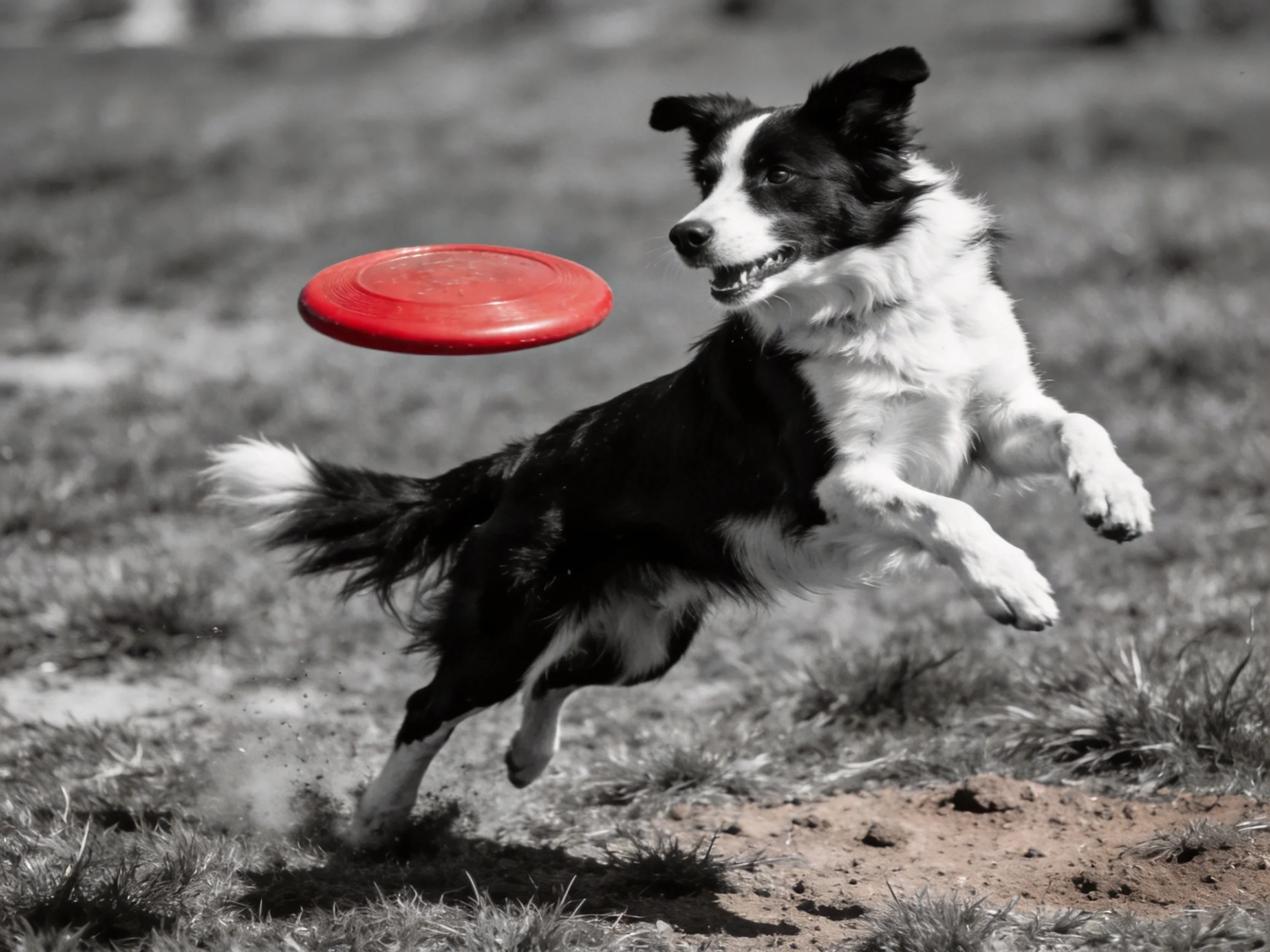 A black and white dog leaps for a bright red frisbee outdoors.