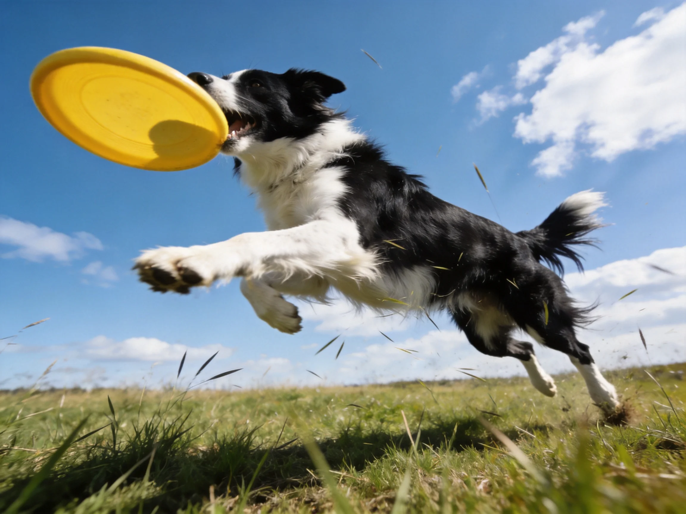 A black and white dog leaps for a bright yellow frisbee in an open field