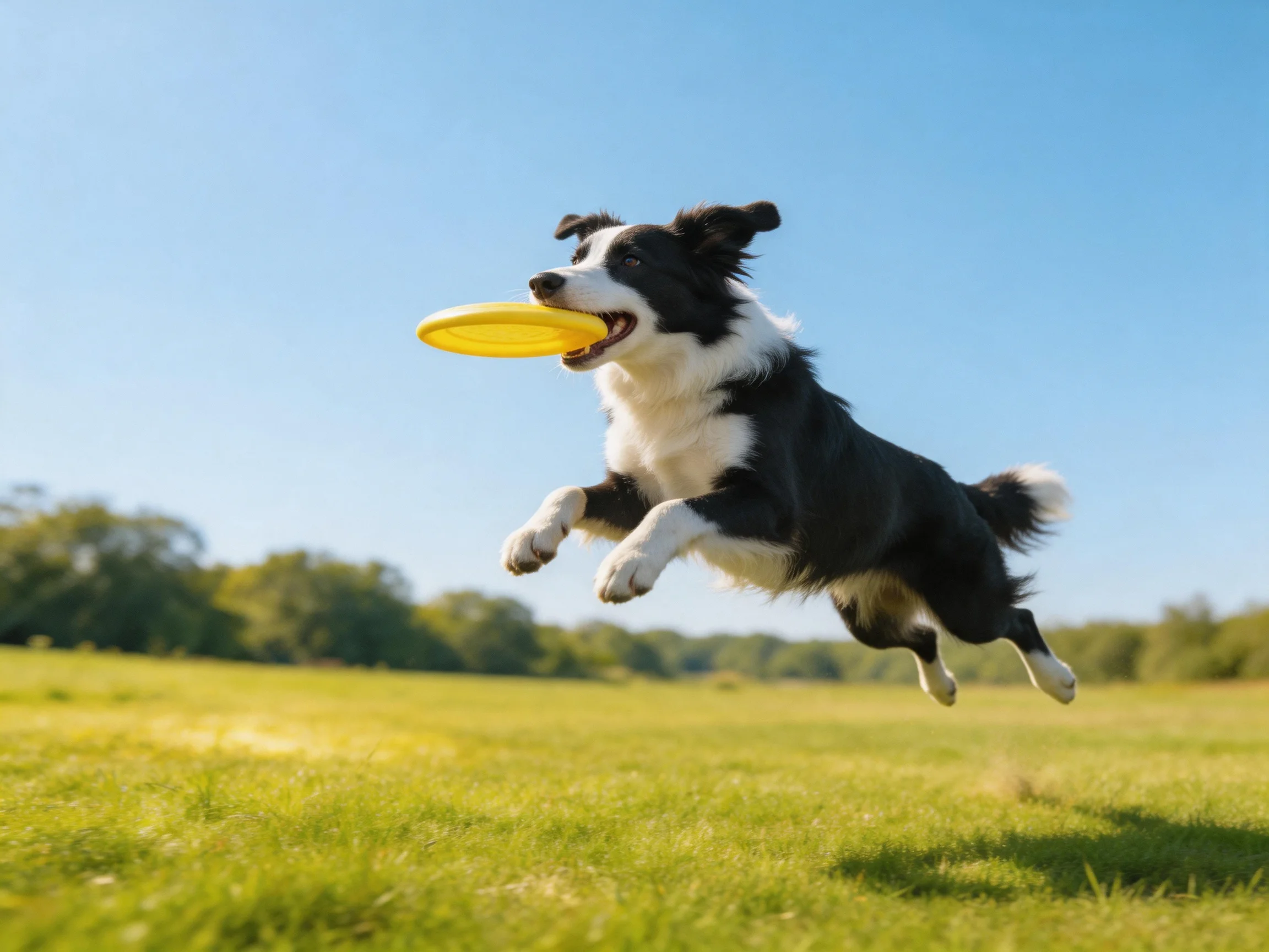 A black-and-white dog catches a yellow frisbee mid-air in a grassy field.