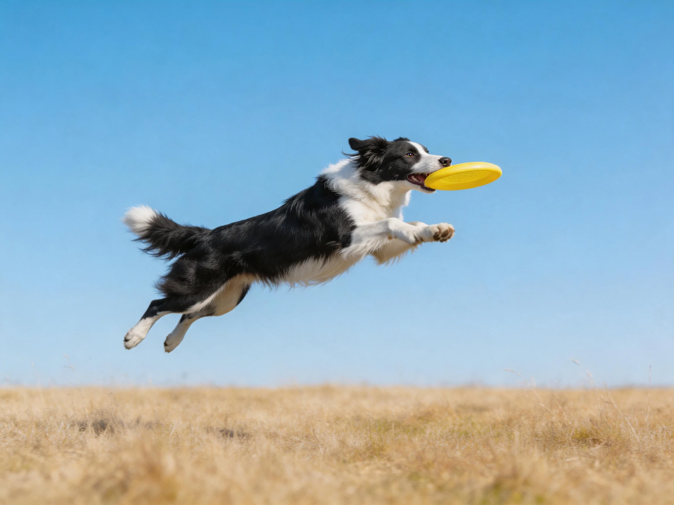 A black-and-white dog catches a frisbee mid-air in an open field