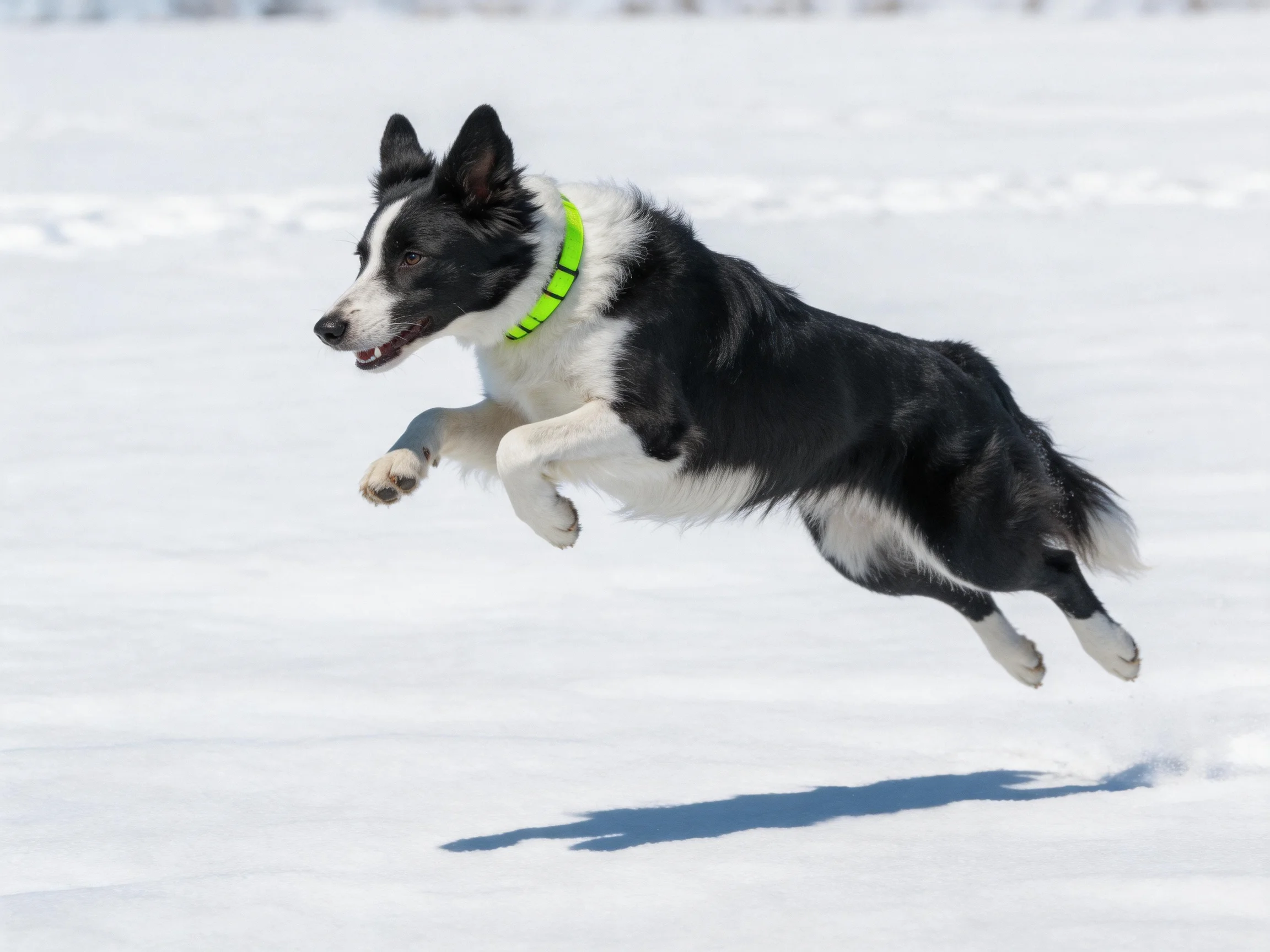 A black and white dog leaps over snowy terrain with a neon collar
