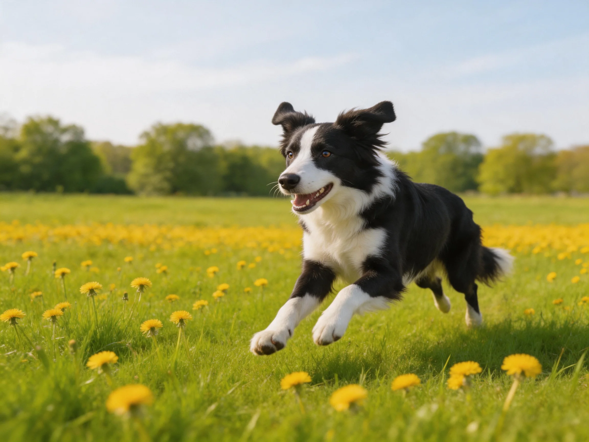 A black-and-white dog leaps through a field of yellow dandelions