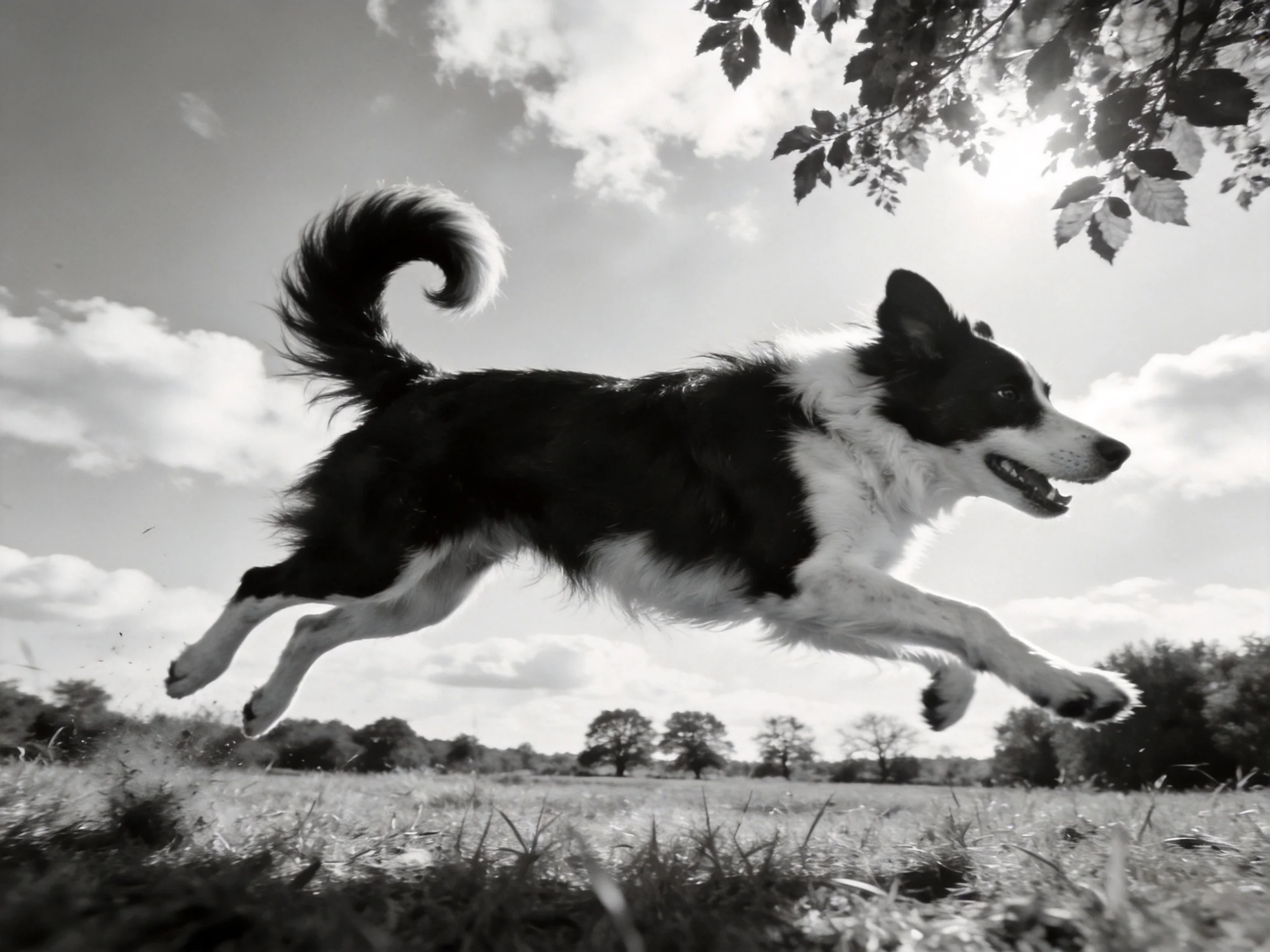 A black and white dog jumps mid-air over a grassy field.