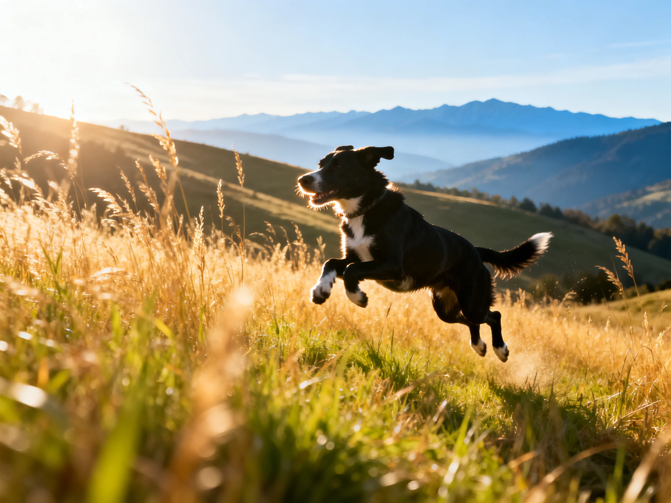 A black and white dog leaps through golden grass near misty mountain ranges