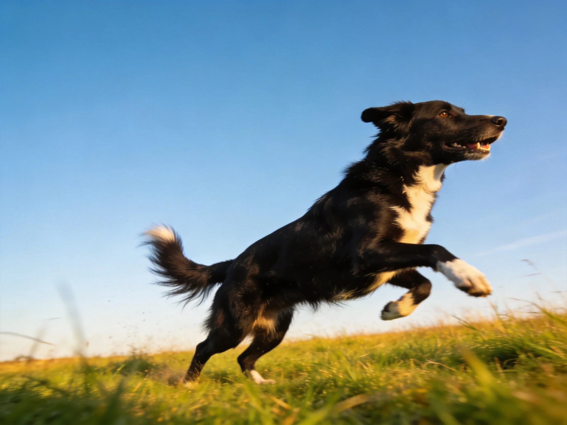 A black and white dog jumps energetically in a grassy field.