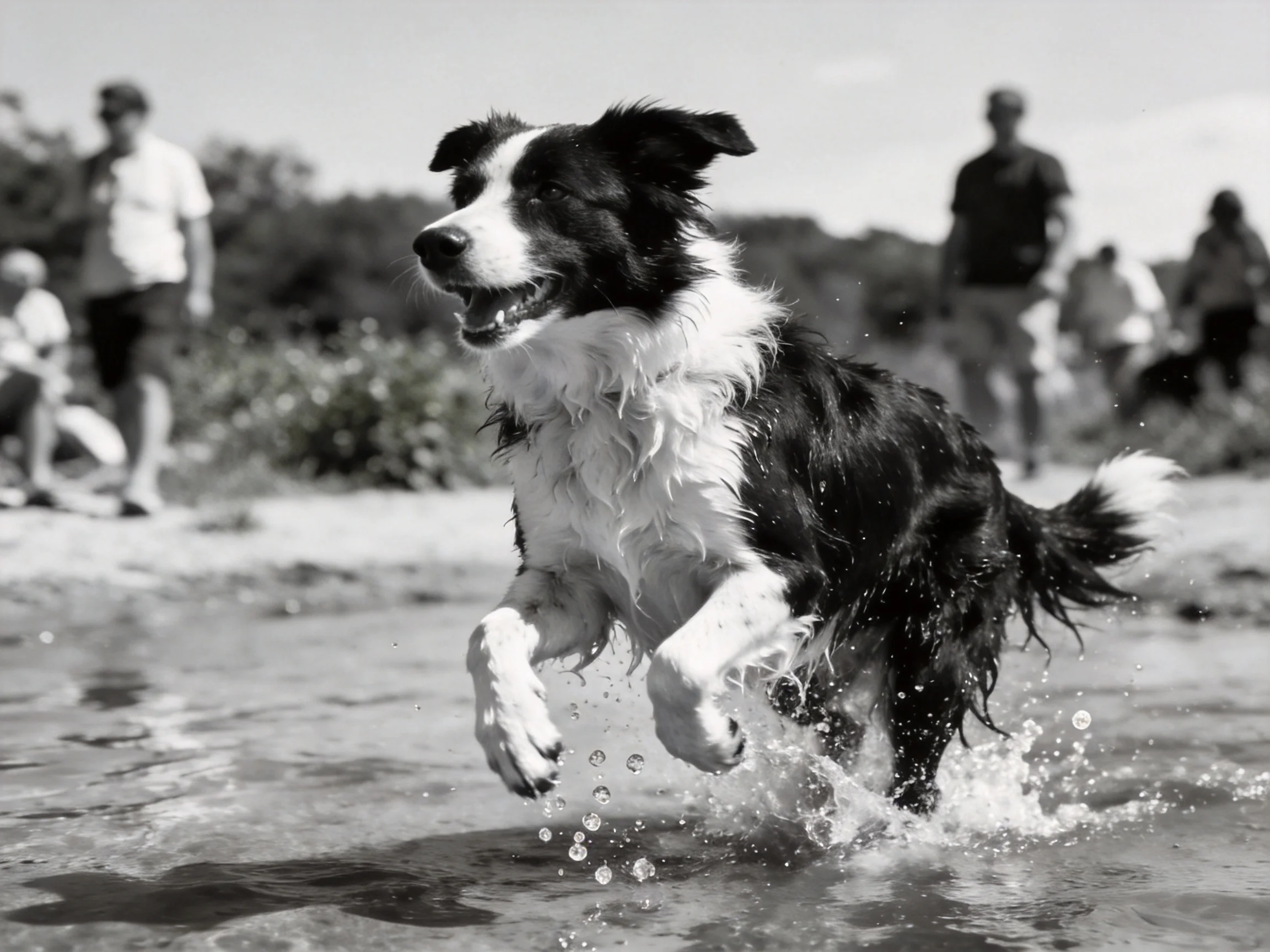 A black-and-white dog runs energetically through shallow water with people watching.