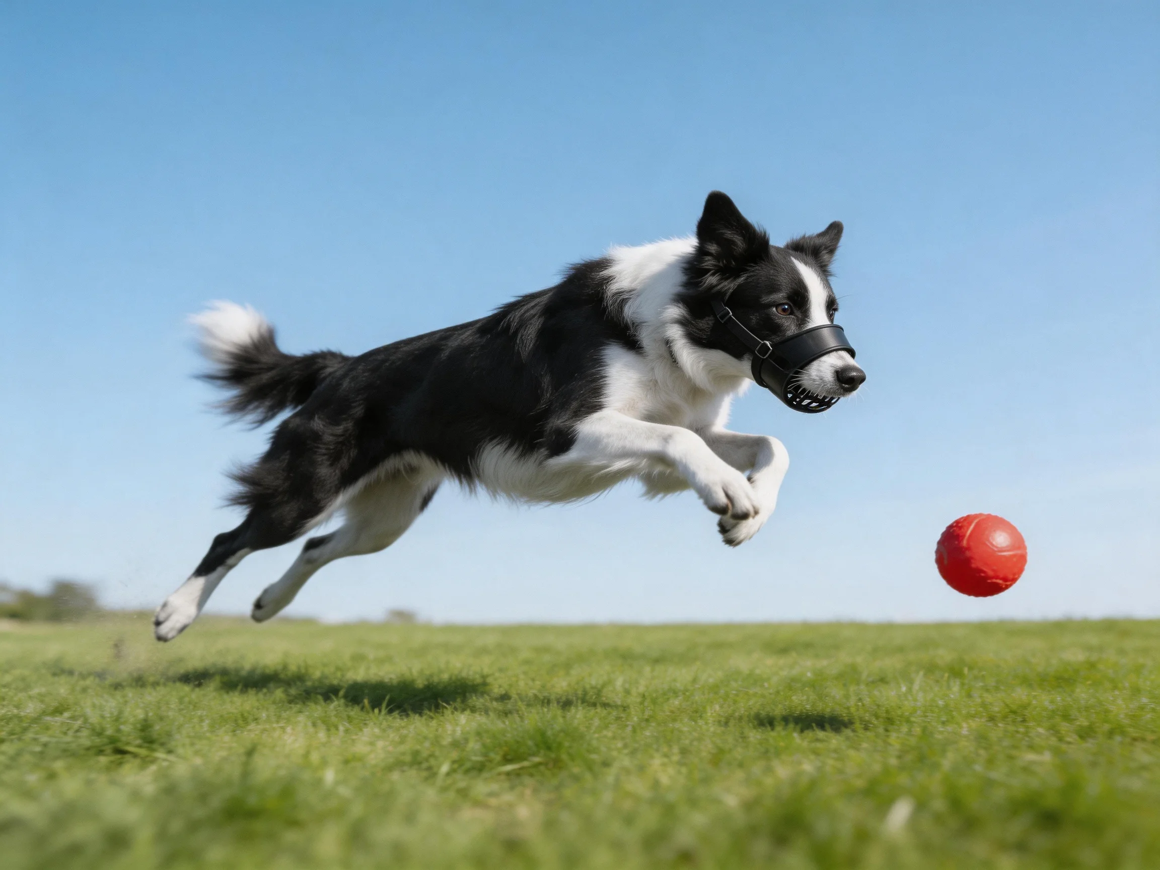 A black and white dog leaps toward a bright red ball in an open field