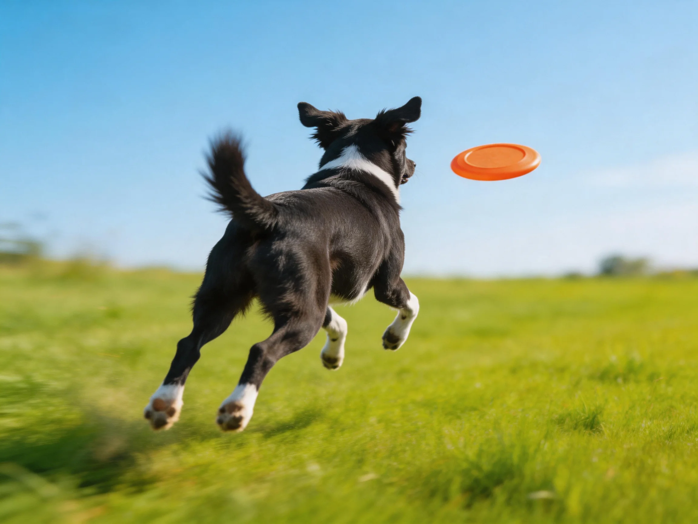 A black and white dog leaps toward an orange frisbee in a sunny meadow