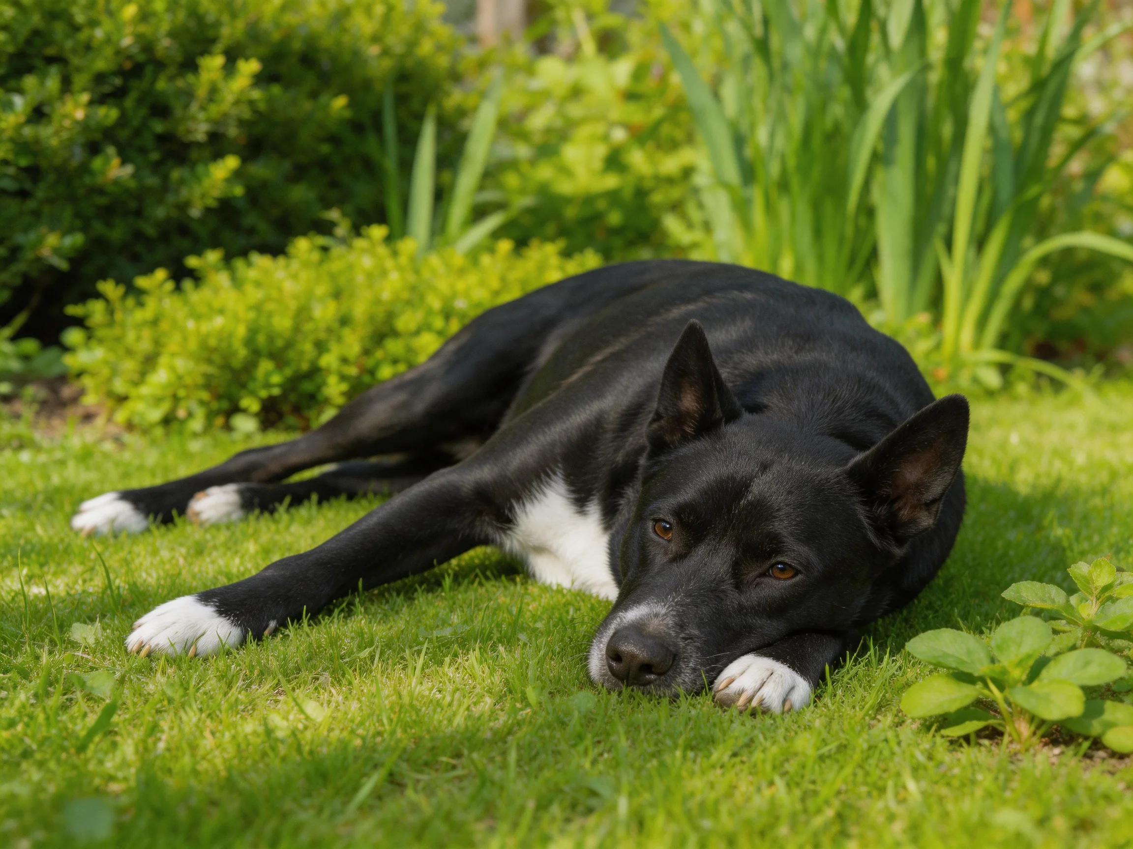 A black and white dog lies on verdant grass amid greenery