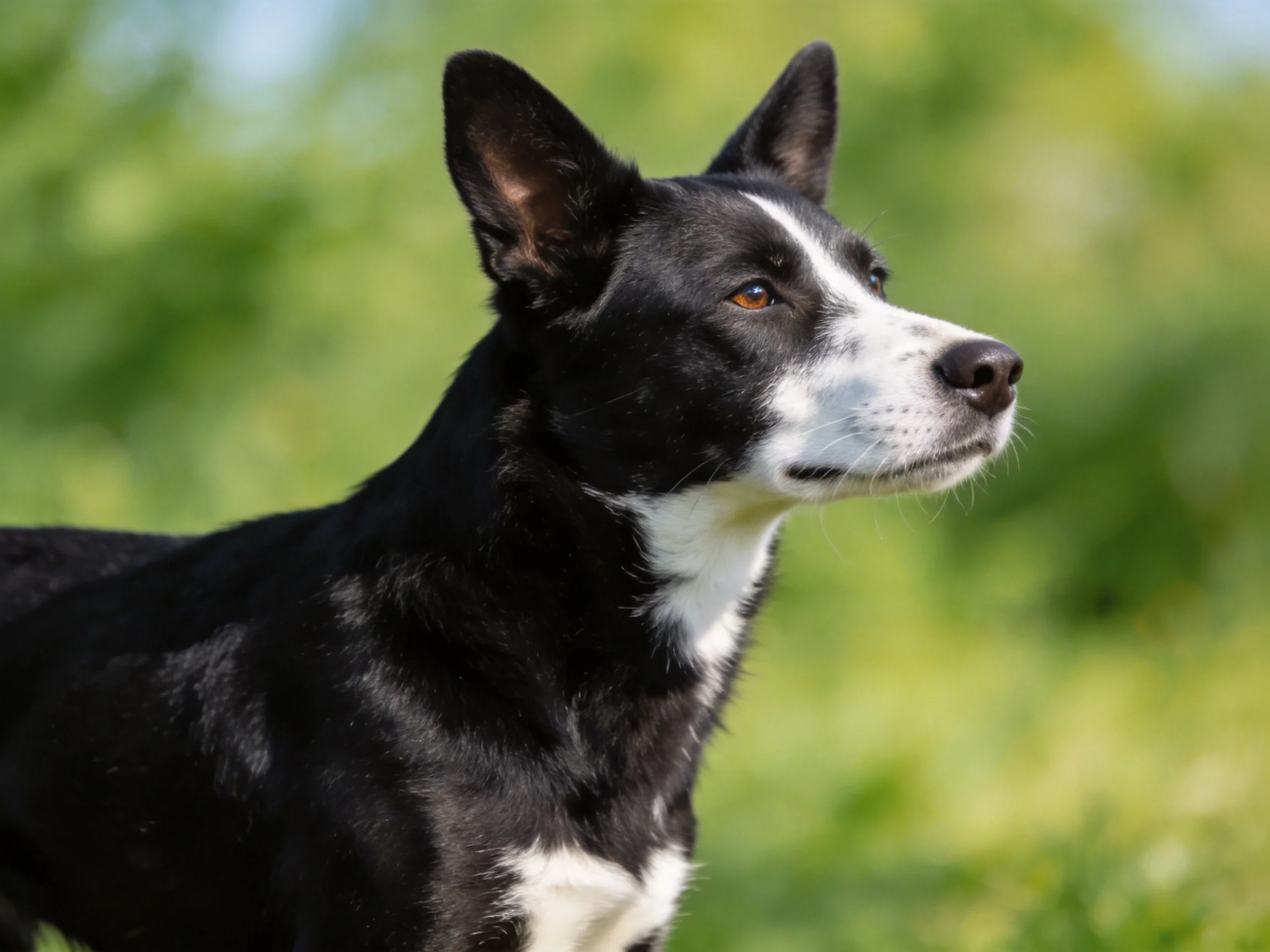 A black and white dog stands attentively near greenery outdoors.