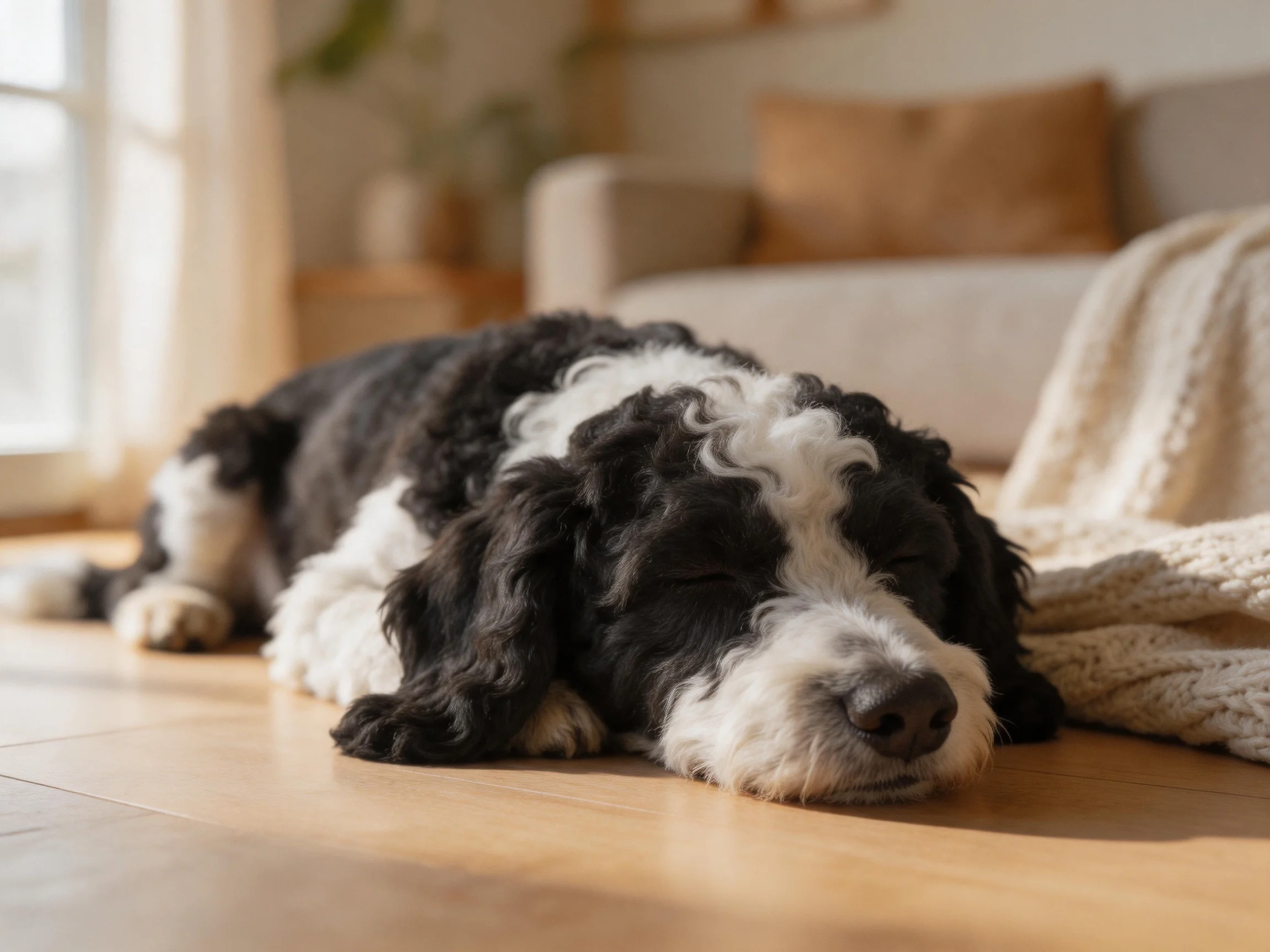 A black and white dog naps on a wooden floor near a knitted blanket