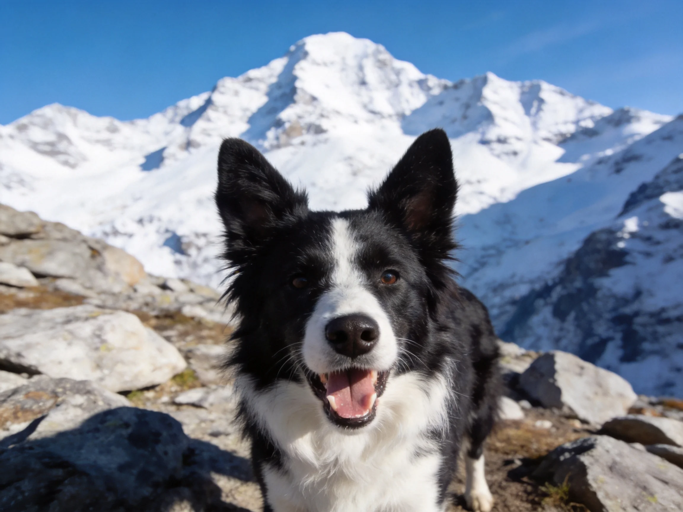 A black-and-white dog stands close to rocky ground with snow-covered mountain peaks behind.