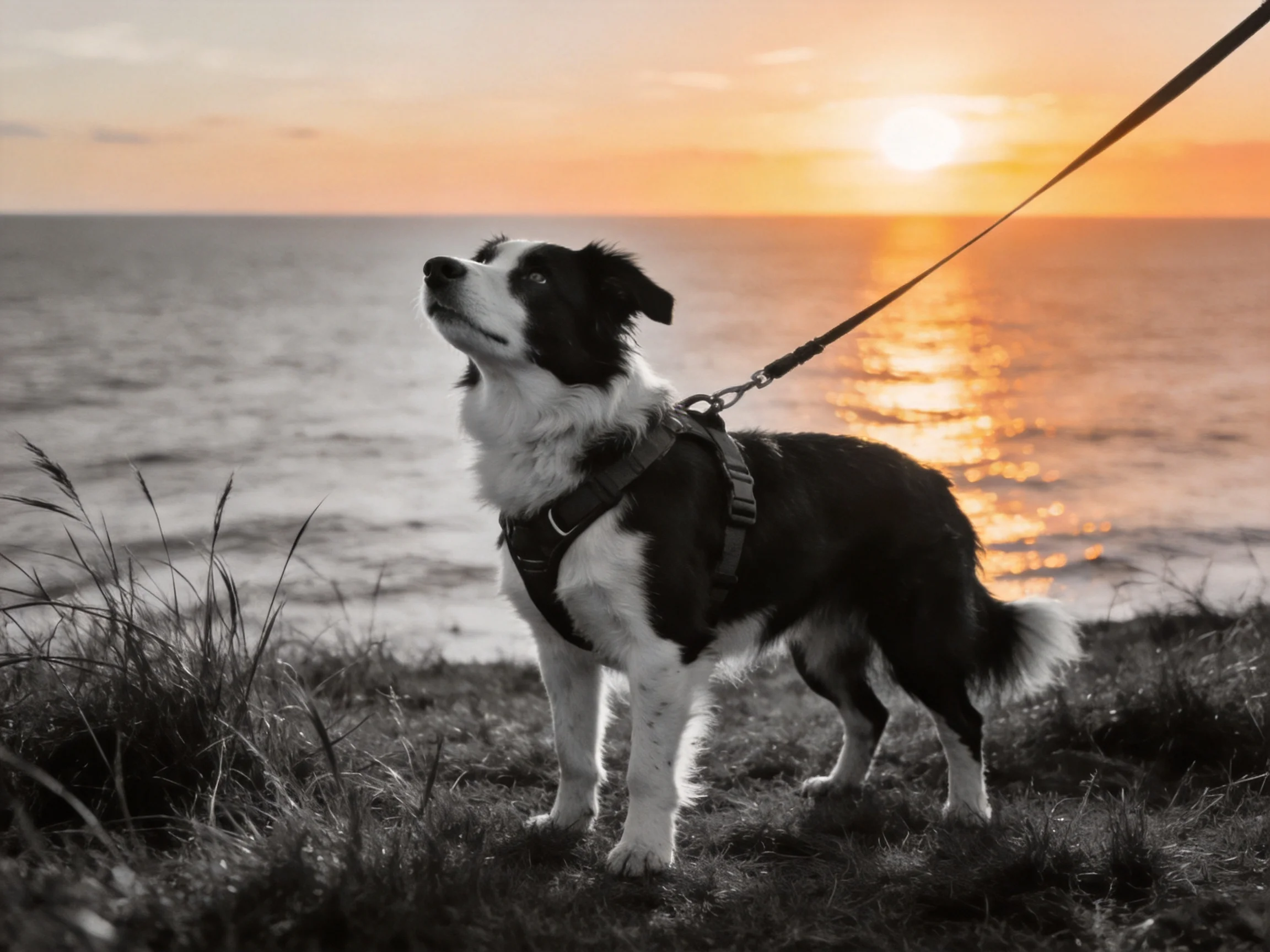 A black-and-white dog on a leash views a golden sunset over the sea