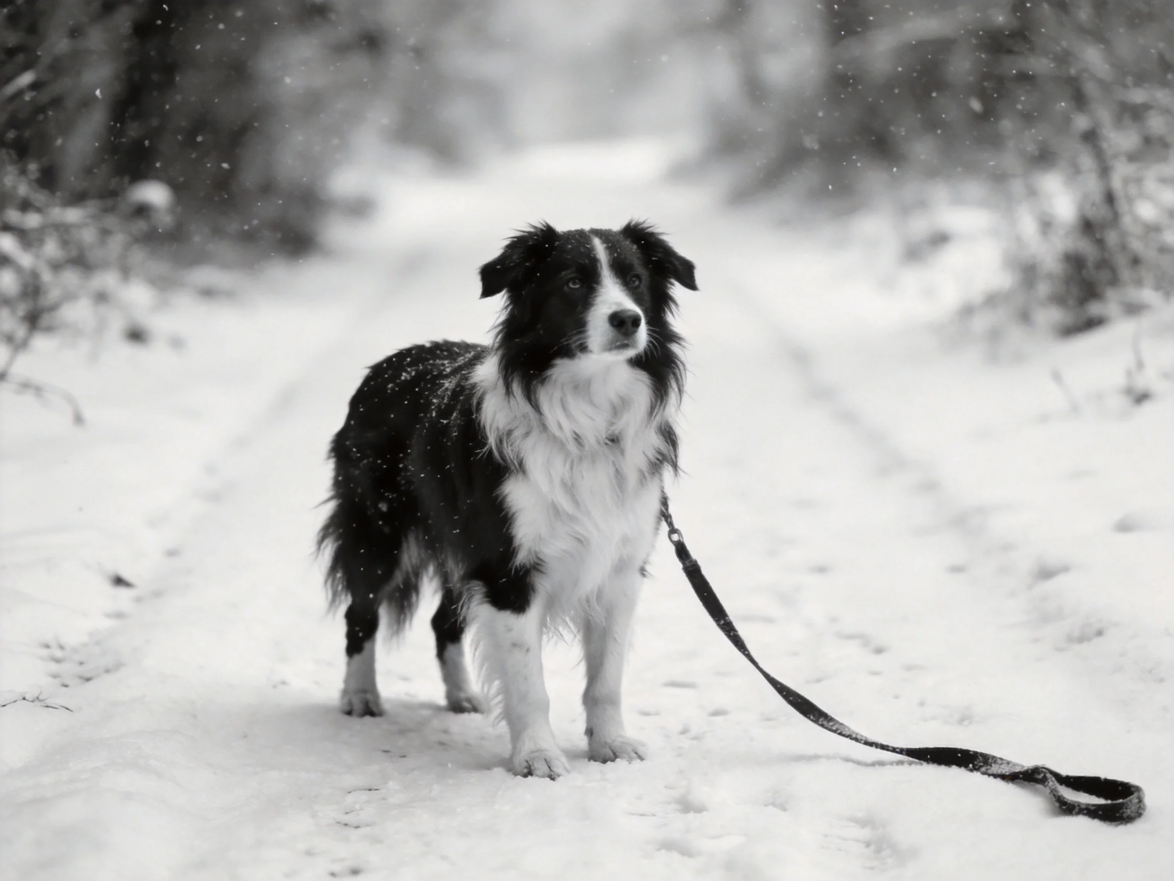 A black-and-white dog stands on a snowy path with a leash.