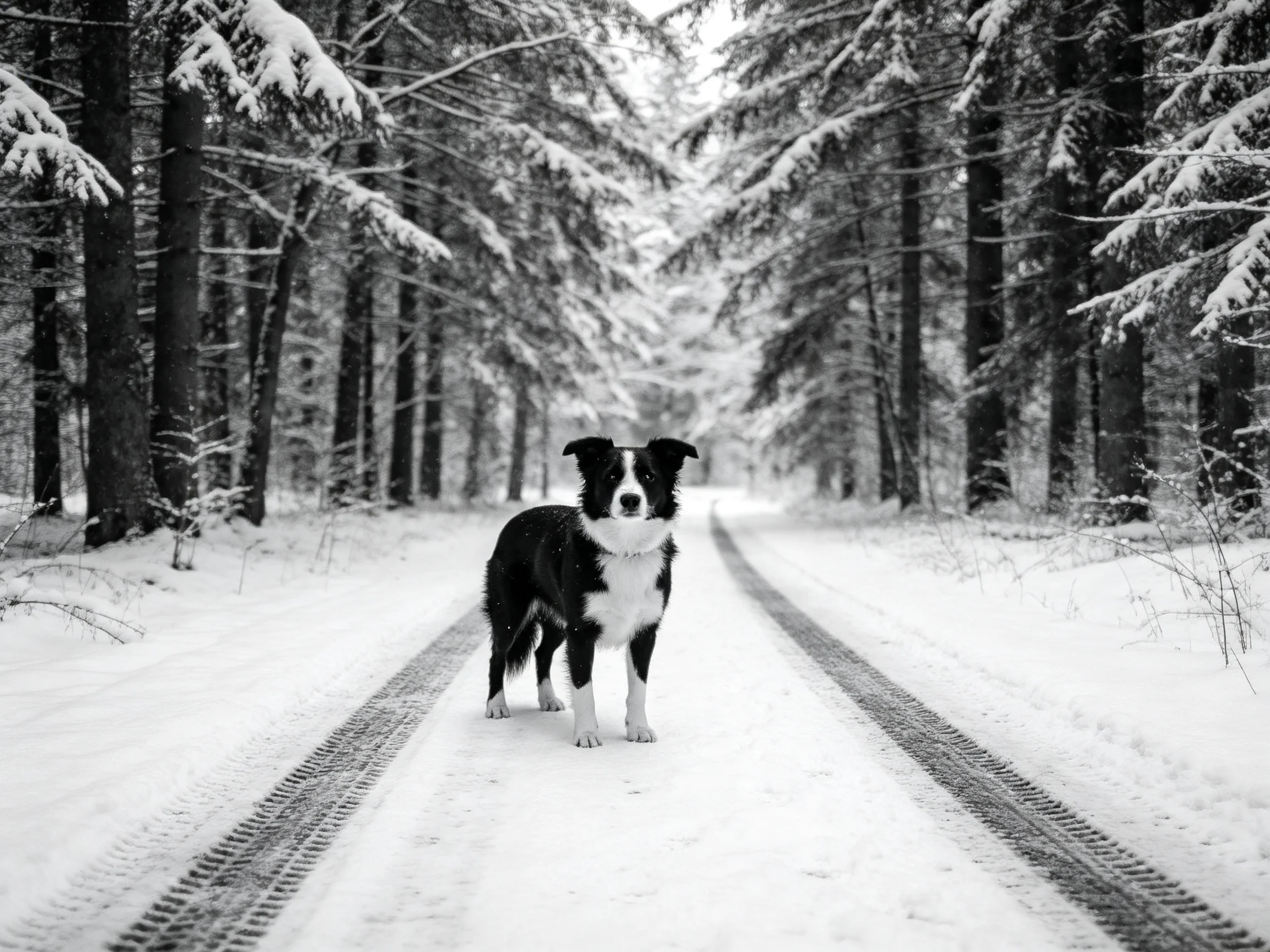 A black-and-white dog on a snow-laden forest roadway
