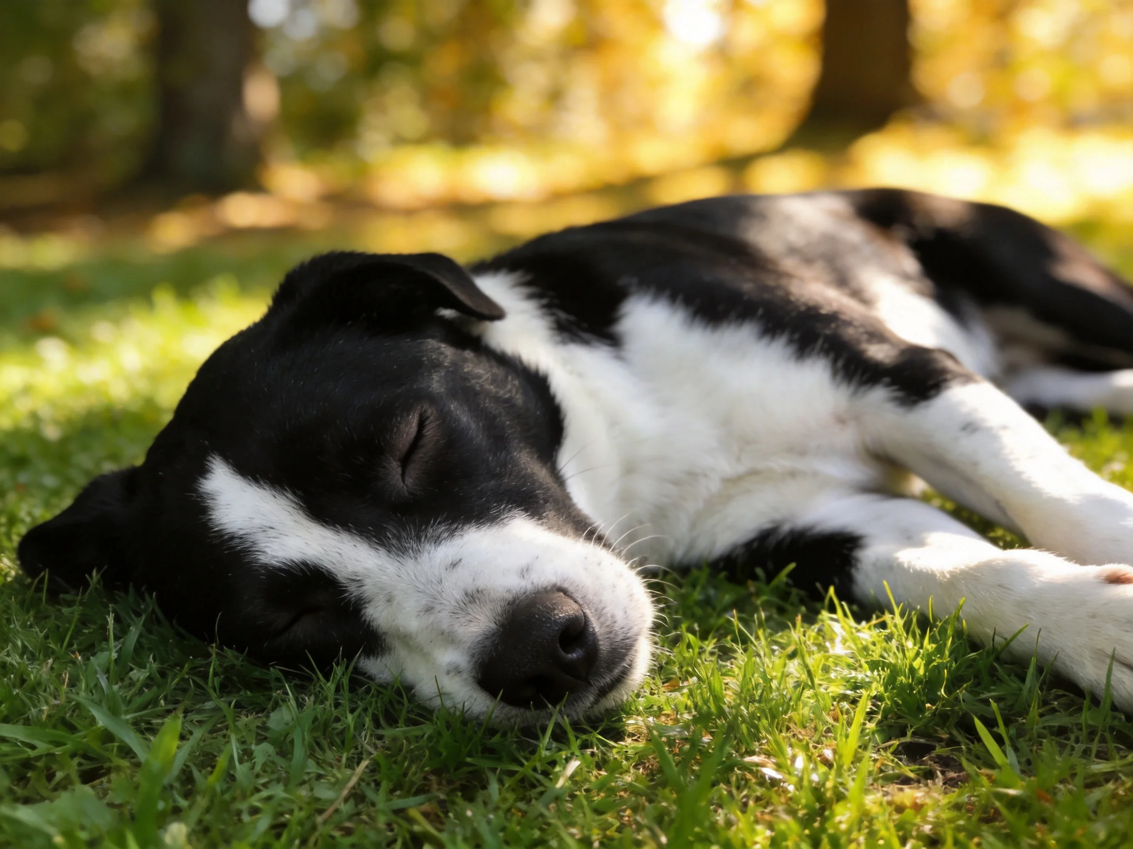 A black and white dog peacefully sleeps on sun-dappled green grass